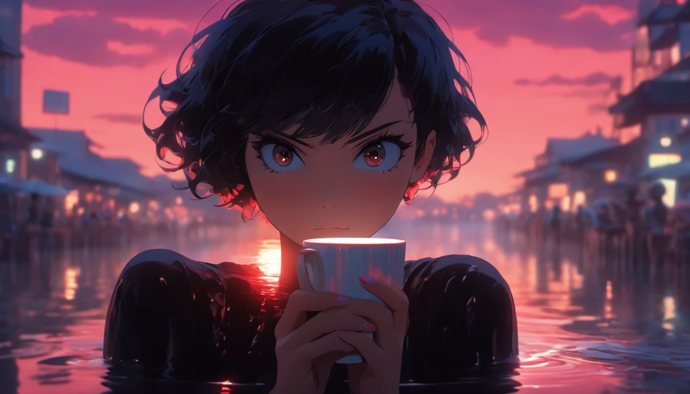 a girl, short black hair, red eyes, black dress, drinking coffee, water, reflection, swimming, street, coffee, shop, sunset, pink sky, absurdres, high res, ultrasharp, 8K, masterpiece, photorealistic, cinematic lighting, closeup photograph