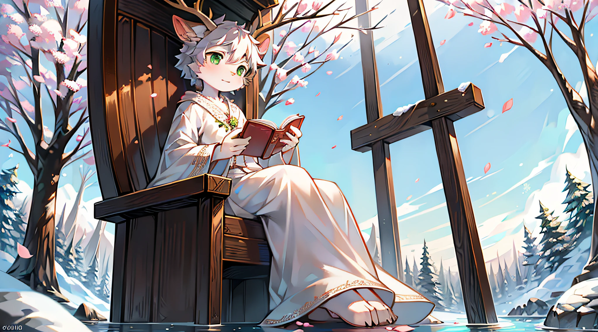 A white deer，Pear blossom tree，falling flower petals，flowing river，White robe，Green costume，sitting on the stone，snow covered，out a hand，ornate backdrop，Falling snowflakes，sitting  sideways，Reach for the snowflakes，k hd，solo person，arcadia，falling flower petals，Pink petals，With a book on his lap，deer antlers，eye glass，Expectant eyes，flying petal，The petals float in the air，Shota，adolable，Green eyes，petals