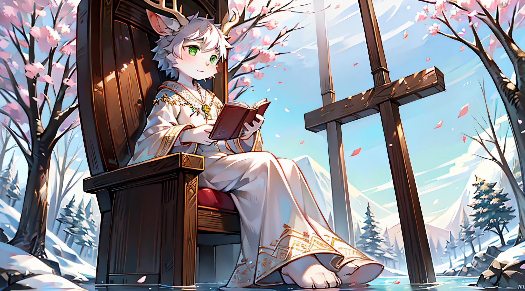 A white deer，Pear blossom tree，falling flower petals，flowing river，White robe，Green costume，sitting on the stone，snow covered，out a hand，ornate backdrop，Falling snowflakes，sitting  sideways，Reach for the snowflakes，k hd，solo person，arcadia，falling flower petals，Pink petals，With a book on his lap，deer antlers，eye glass，Expectant eyes，flying petal，The petals float in the air，Shota，adolable，Green eyes，petals