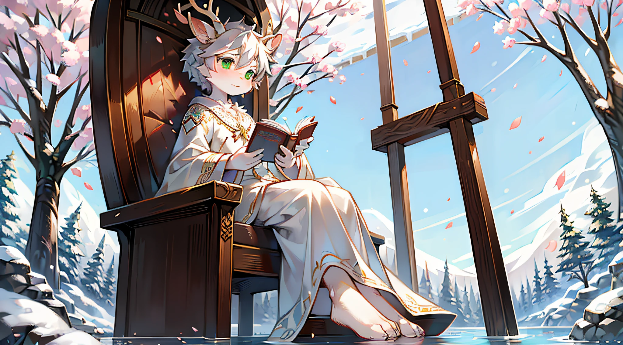 A white deer,Pear blossom tree,falling flower petals,flowing river,White robe,Green costume,sitting on the stone,snow covered,out a hand,ornate backdrop,Falling snowflakes,sitting sideways,Reach for the snowflakes,k hd,solo person,arcadia,falling flower petals,Pink petals,With a book on his lap,deer antlers,eye glass,Expectant eyes,flying petal,The petals float in the air,Shota,adolable,Green eyes,petals