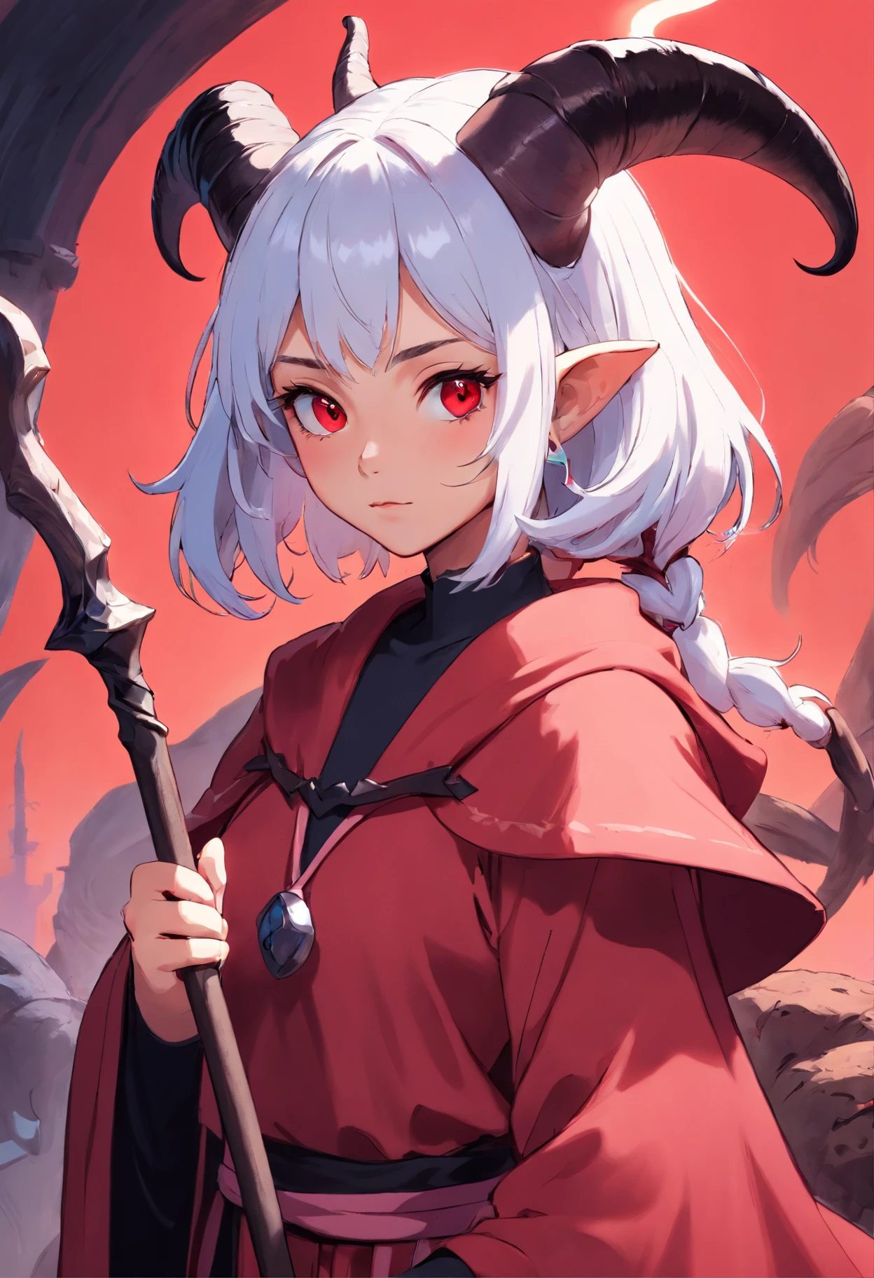 Detailed digital fantasy art, portrait of young female tiefling, dnd, red skin, holding magic staff, black eyes without pupils, black ram twisted horns, white hair, pink wizard's coat, wide pole witch hat