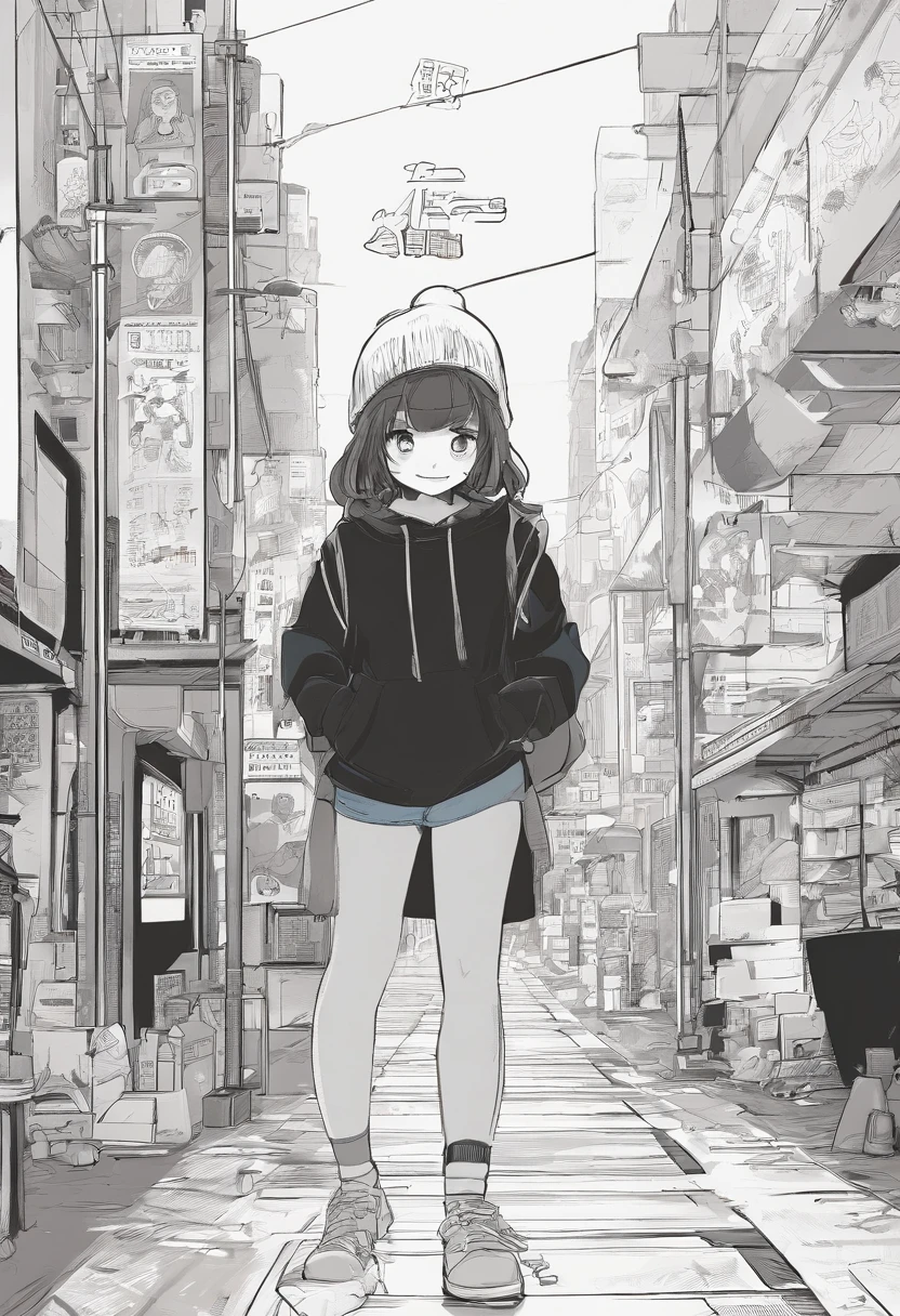 bobo head,Long black sweatshirt,denim short,White sneakers,Anime shoujo,On the street,Bright sunshine