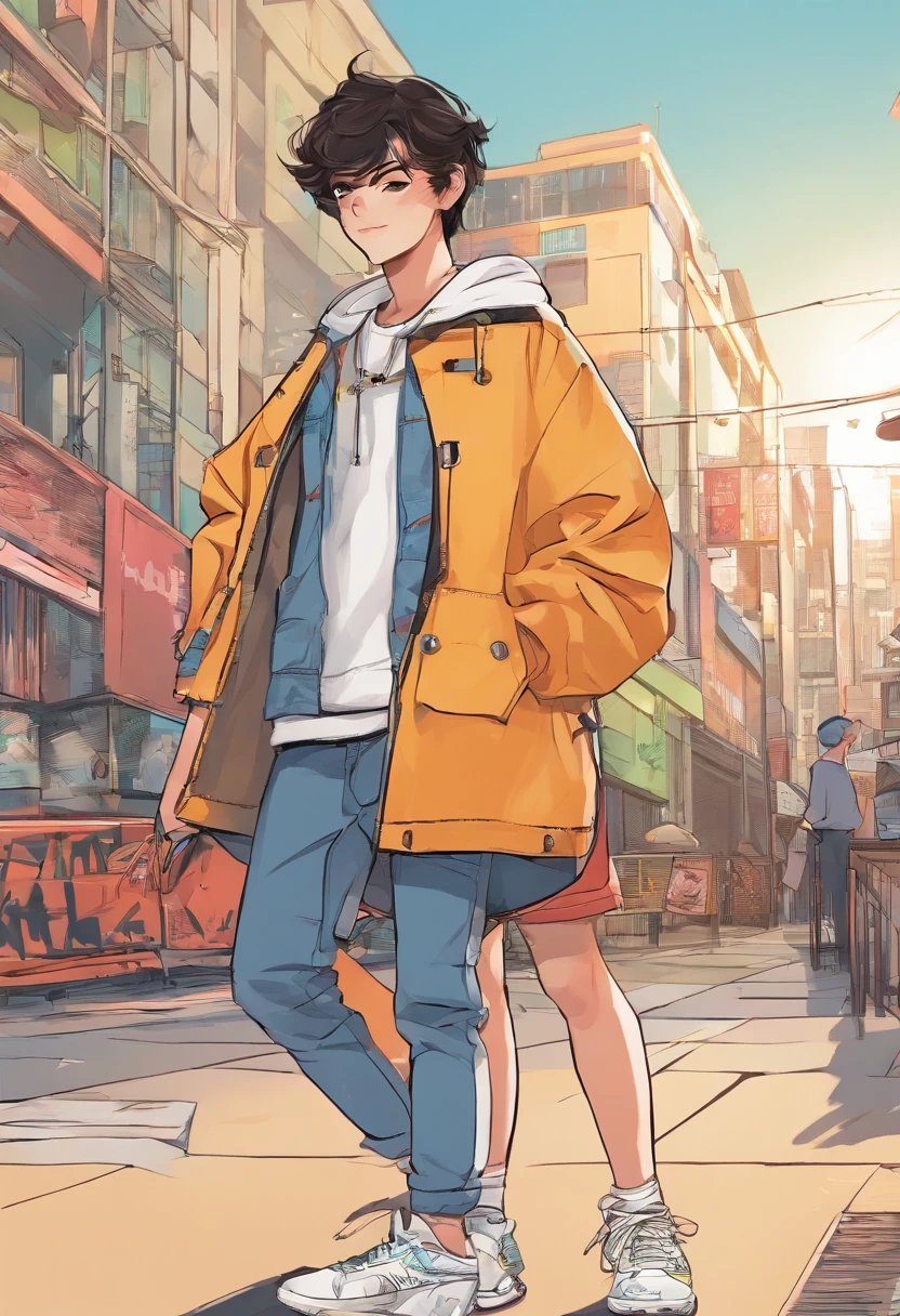 bobo head，Long black sweatshirt，denim short，White sneakers，Anime shoujo，On the street，Bright sunshine