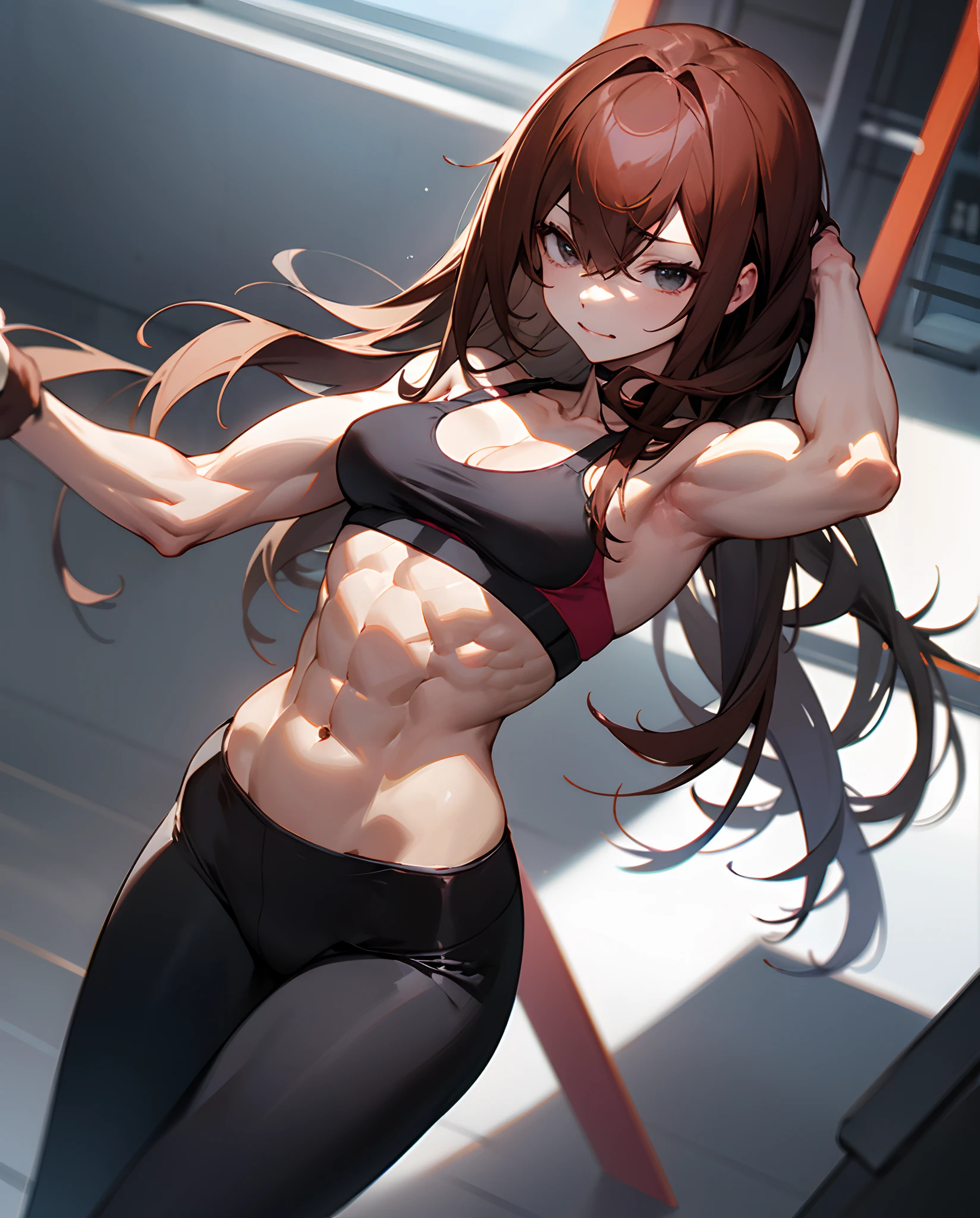 Kurisu makise, six pack abs, black sport bra, black leggins, muscle arms