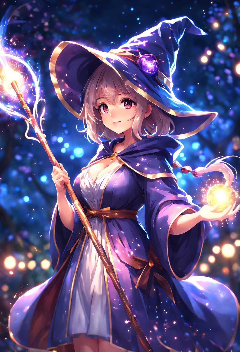 anime big breast, Girl, Solo, Wizard's Hat, Robe, Holding an ancient staff, cheerfulness, Magical Circle, midnight, full bloom, Environmental occlusion, Glowing lights, Light particles, Bokeh