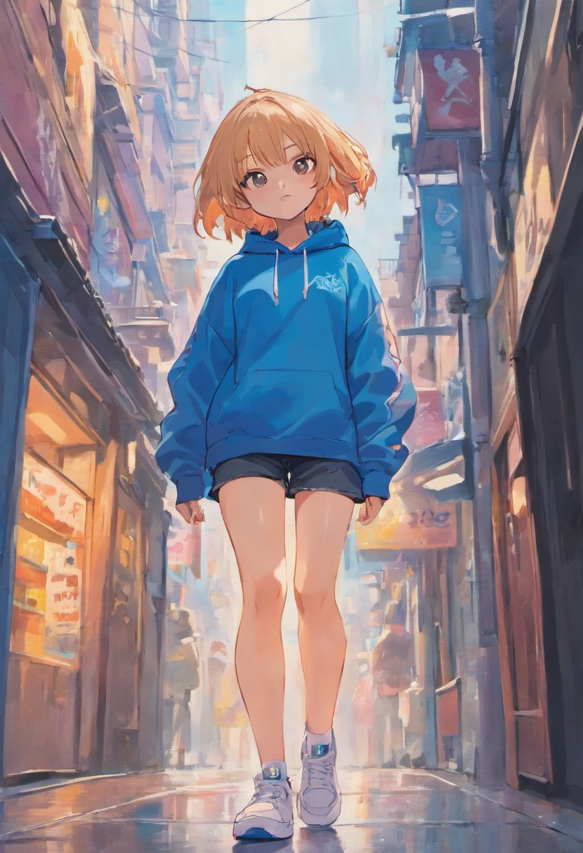 bobo head,Long black sweatshirt,denim short,White sneakers,Anime shoujo,On the street,Bright sunshine