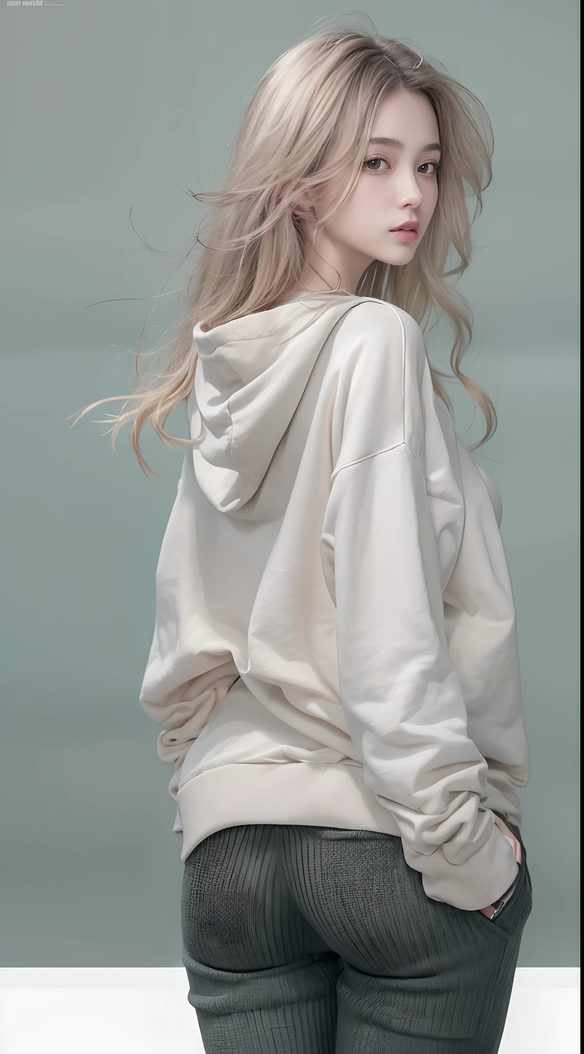 (masterpiece、Top image quality、Best Quality)、Woman in sweatshirt、Perfect style、large full breasts、Clear paint lines visible from the sweatshirt、You can see a clean hip line、Detailed hip line、Detailed Workshop Line、Full body shot taken from behind、Bottom to top angle、