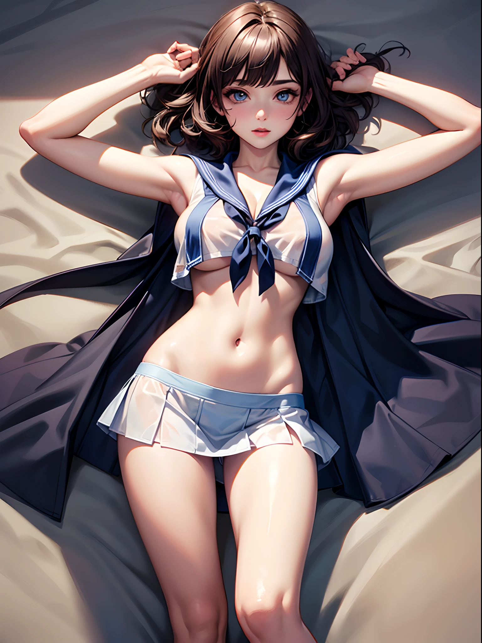 (((toppless))), (((Show off ))), (((Showing off the legs of the spread tread))), (((large full breasts))), (((show off cleavage))), extremely detailed CG unified 8k wallpaper, very fine 8KCG wallpaper, (masterpiece, Best Quality), High resolution, Ultra-detailed, ultra-sharp, 1 girl, full ,Naked, in beach, ((( Light sailor shirt, Sleeveless, Open front))), (((Navel ))), (((Sheer Micro Mini Skirt))), (Beautiful face, Cute face, Detailed face), (((Detailed beautiful eyes))), BREAK, (((Sunny))), Perfect Eyes Eyes