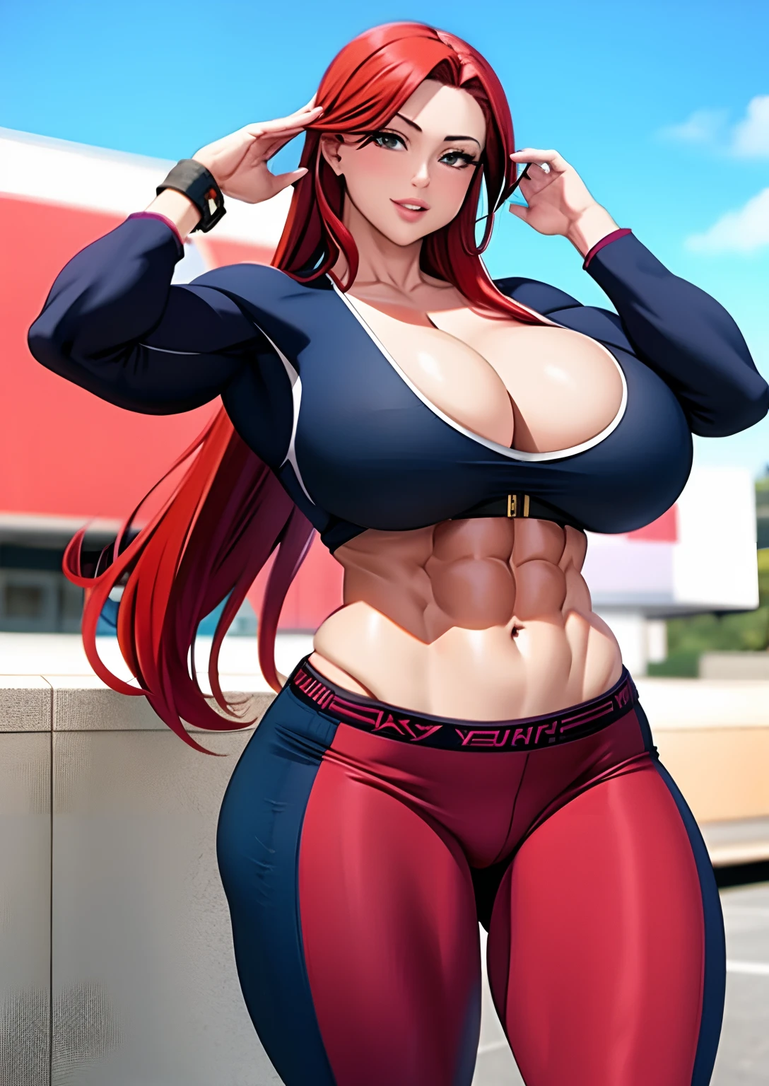 a woman with red hair, curvy, busty, muscular, abs, most strongest pose