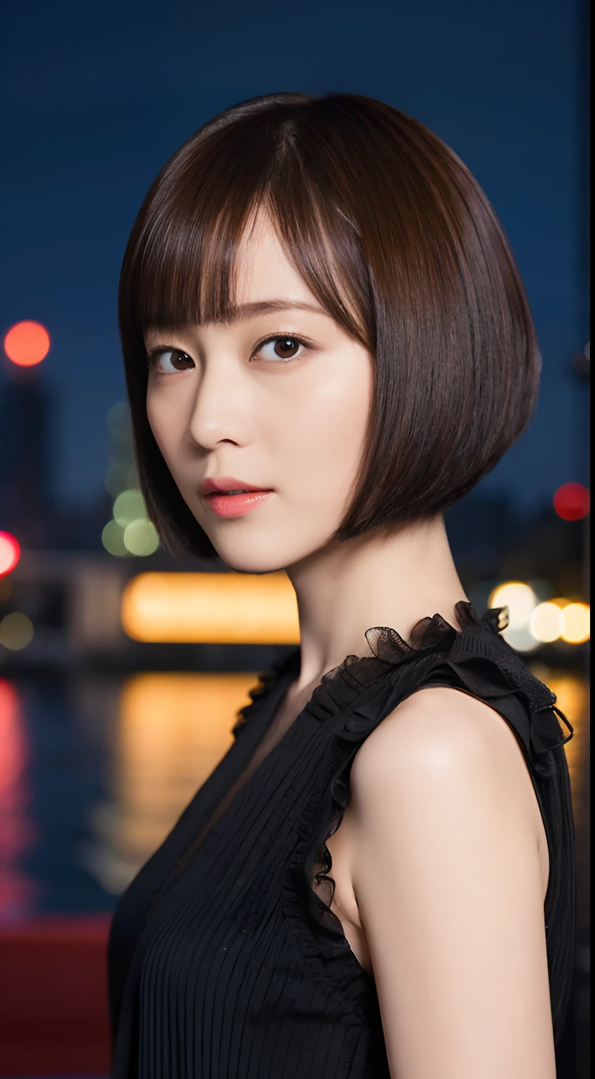 39
(Shorthair:1.23), (a 25yo woman), (A hyper-realistic), (Masterpiece), (8KUHD), Being in the harbor at night