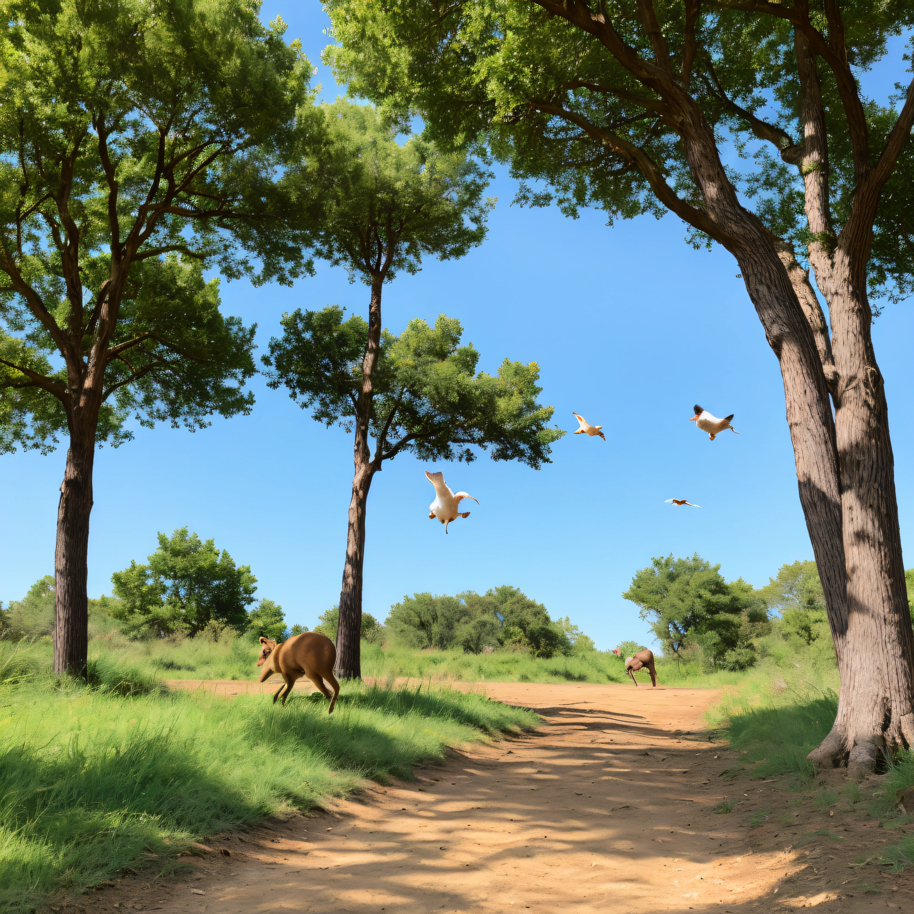 Trees, clear skies, animals running around.