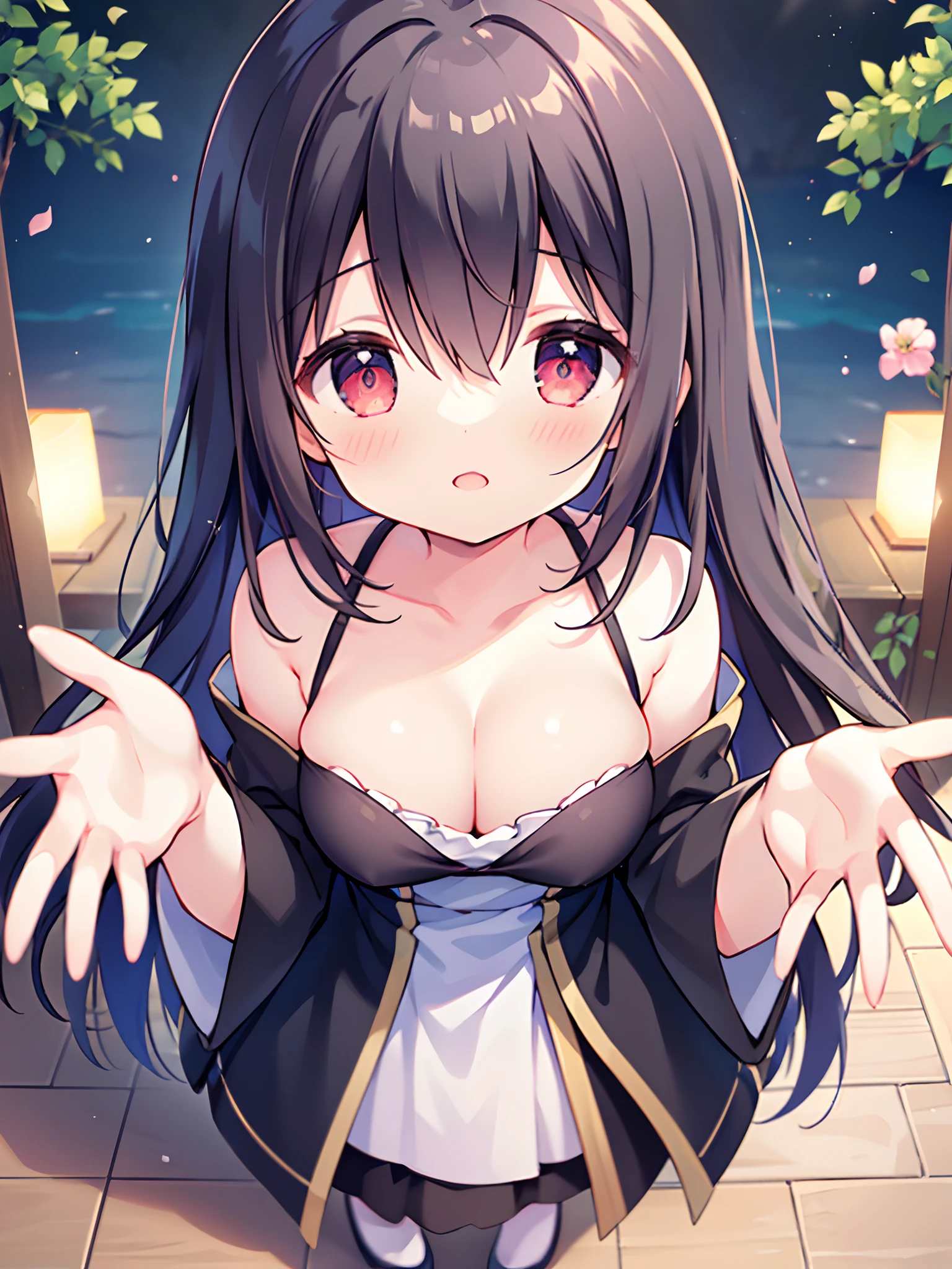 ulzzang-6500-v1.1, (raw photo: 1.2), (photorealistic: 1.4)) best quality, beautiful, beautiful, beautiful, extremely detailed, CG, unity,8k amazing wallpaper, beautiful detail, masterpiece, best quality, official art, very detailed CG unity 8k wallpaper, ridiculous, unbelievably ridiculous, huge file size, super detailed, high resolution, very detailed, beautiful detailed girl, very detailed eyes and face, beautiful detailed eyes, movie lighting, 1 girl, perspective, red ruby eyes, detailed eyes, detailed pupils, beautiful eyes, black hair, detailed hair, shiny black hair, hari contour, looking at the audience, full body, full body photo, outdoors, hands behind your back, (Hanfu), (open arms for viewer, want to hug viewer, sweet and gentle:1.2), (sexy, shoulderless, collarbone, cleavage, fair light skin)