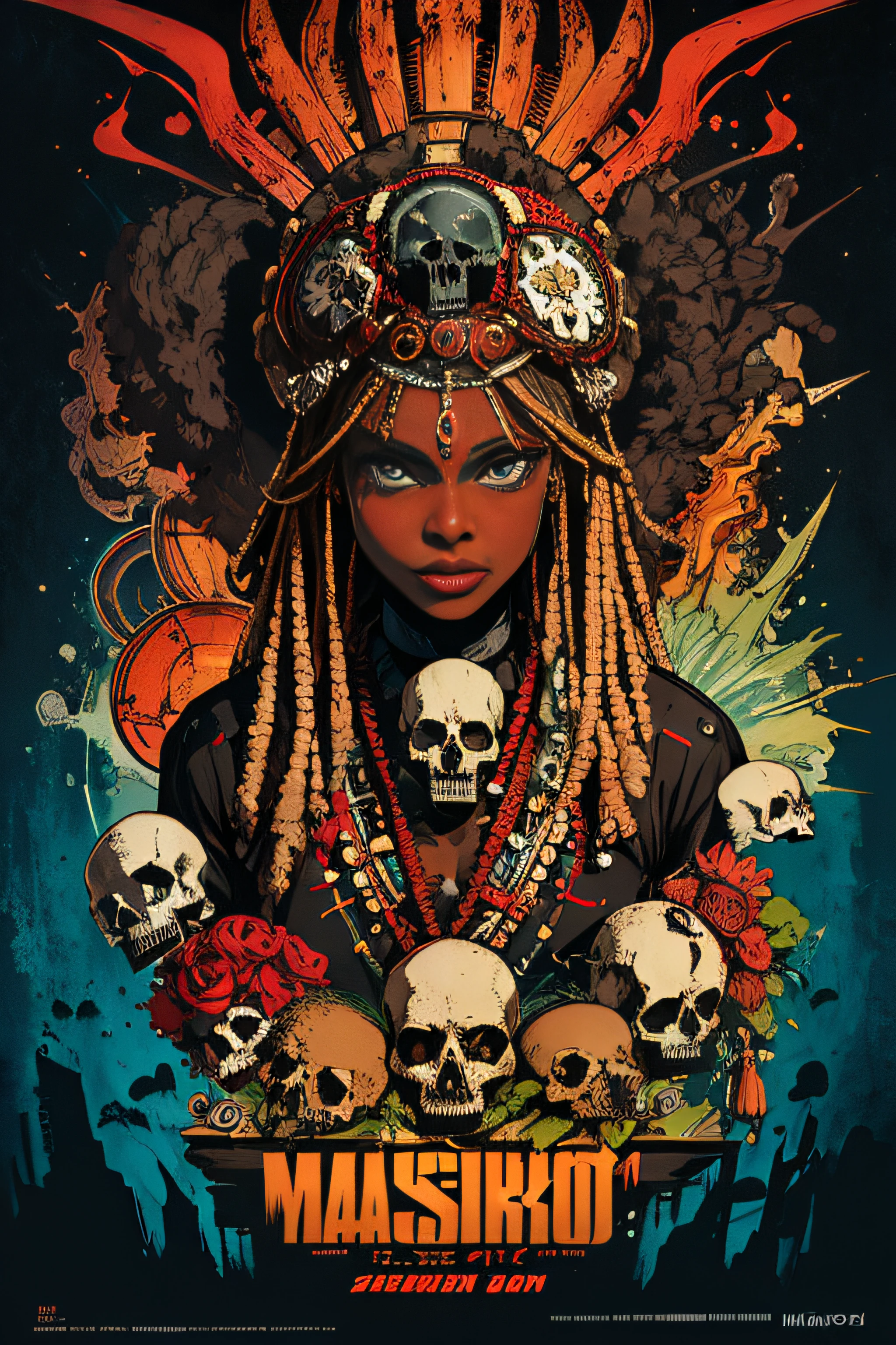 (Masterpiece, Best Quality), 8k Wallpaper, highly detailed, poster, Voodoo priest 1970s, exploitation, skulls, bones, african american, sexy, erotic, horror thriller cinematic movie poster, Bauhaus, shapes, lines, abstract, propaganda, movie poster, vintage,