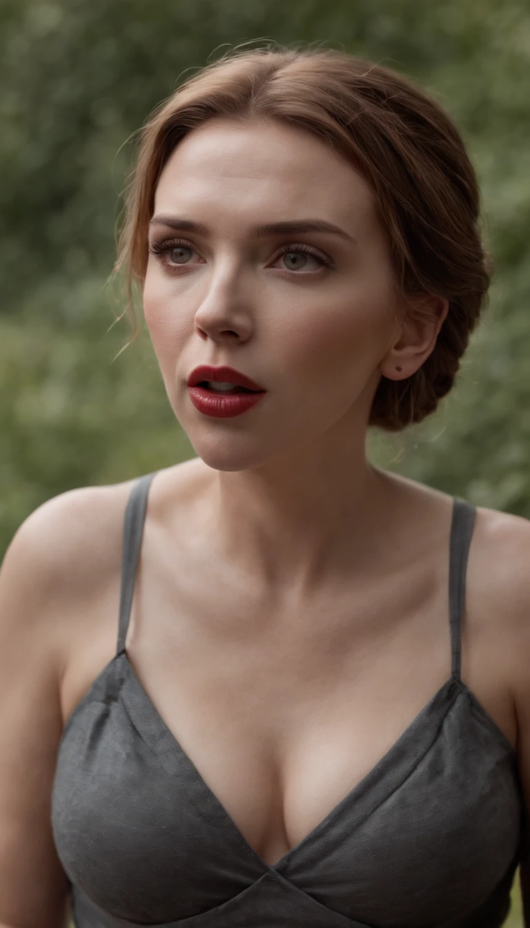 Scarlett Johansson Solindo，Full body like, Rocco black , open mouth , eating sausage