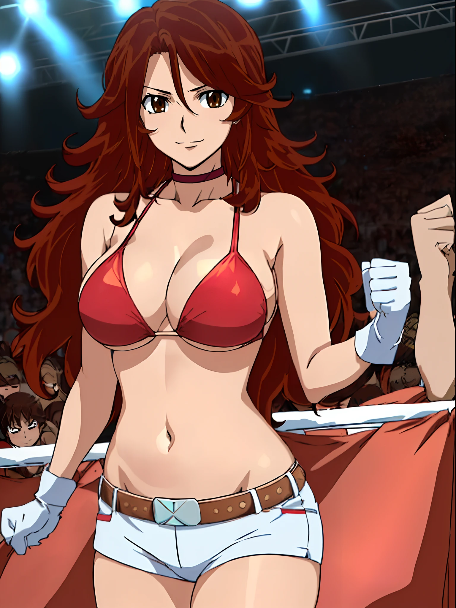 Best Quality, hires, curvy midsection, solo, 1 girl, strong woman, female wrestler, smile, happy), (detailed titration screen, upper body only, anime style: 1.8, anime drawing, ultra detailed face, ultra detailed body, 4k, Sumergai Lee Noriega, (standing), best quality, anime style, hires, highest definition, digital blending, bold drawing lines, ((wwe diva), ((location: wrestling arena, crowds watching)), ( pro female wrestler, long attractive belly, slim body, (strong arm muscles), broad shoulders , off-shoulders, closed fists, (very curvy: 2.8)), ((elegant red bikini , shorts, white gloves, collar, arm band, (champion belt))), (pale skin, big breasts, closed mouth), (big eyes, brown eyes, shiny eyes), (), (reddish hair, loose hair, curly hair, wavy hair, long hair, missy hair), 27 years old