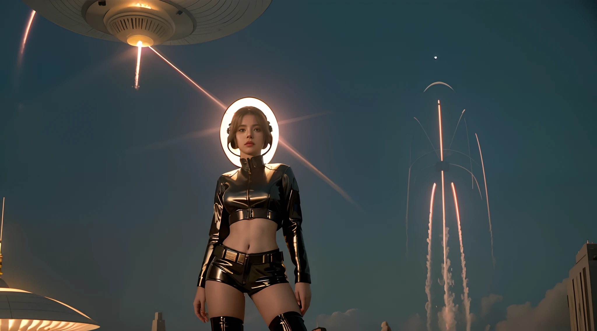 mulher loira, mulher jovem, coxas grossas, usando shorts curtos skintight de latex preto, seios nus, seios grandes, mamilos rosados, Pele de Porcelana, NSFW, Standing in front of a flying saucer, Flying saucer hovering in the sky in a science fiction movie, epic sci-fi movie still, movie still of the alien girl, an epic scifi movie still, dramatic sci-fi movie still, alien woman, Sci Fi Dramatic Lighting, sci-fi cinematic movie still, alien girl, as a retro futuristic heroine, sci-fi movie still