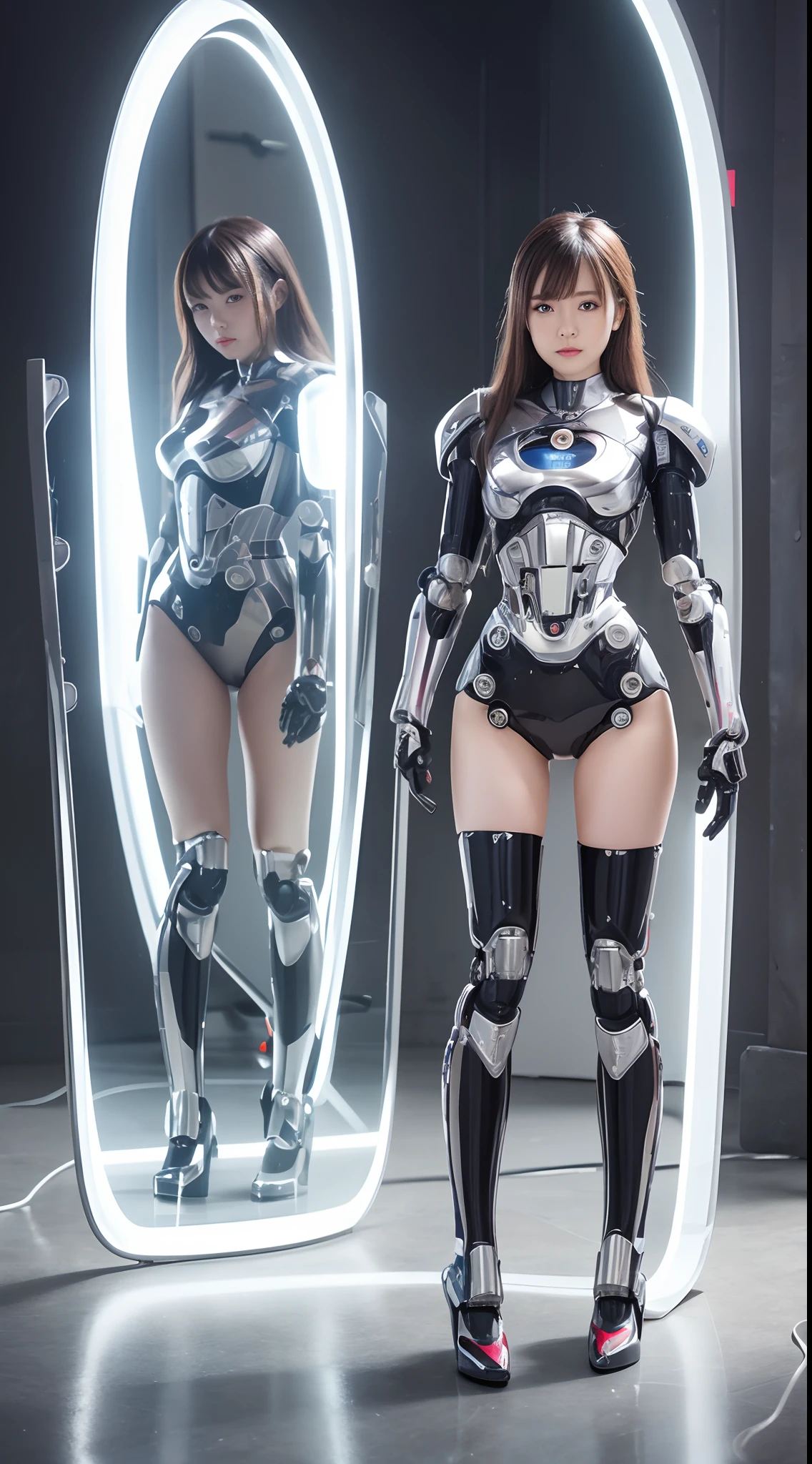 ((Robot Girl, mechs)), Glowing eyes, Delicate face, broken armor, Mechanical aura, Mechanical arm, mechanical leg, Brown hair, Long hair, ceramic body, Thigh gap, tiny chest, cyber background, akihabara, (translucent, reflection skin), 8K, Best Quality, Ultra-detailed, (surrealism: 1.4), Perfect Robot Girl, Perfect machine body
