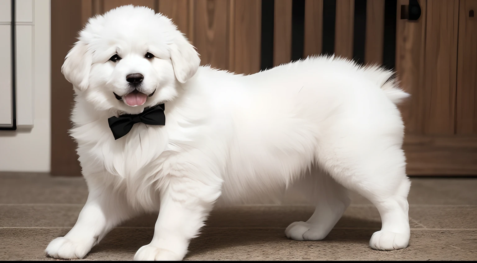 Great Pyrenees, large stature, fluffy white fur, black paws, small eyes, dark eyes, small ears, wears a collar in the style of a bow tie, dog
