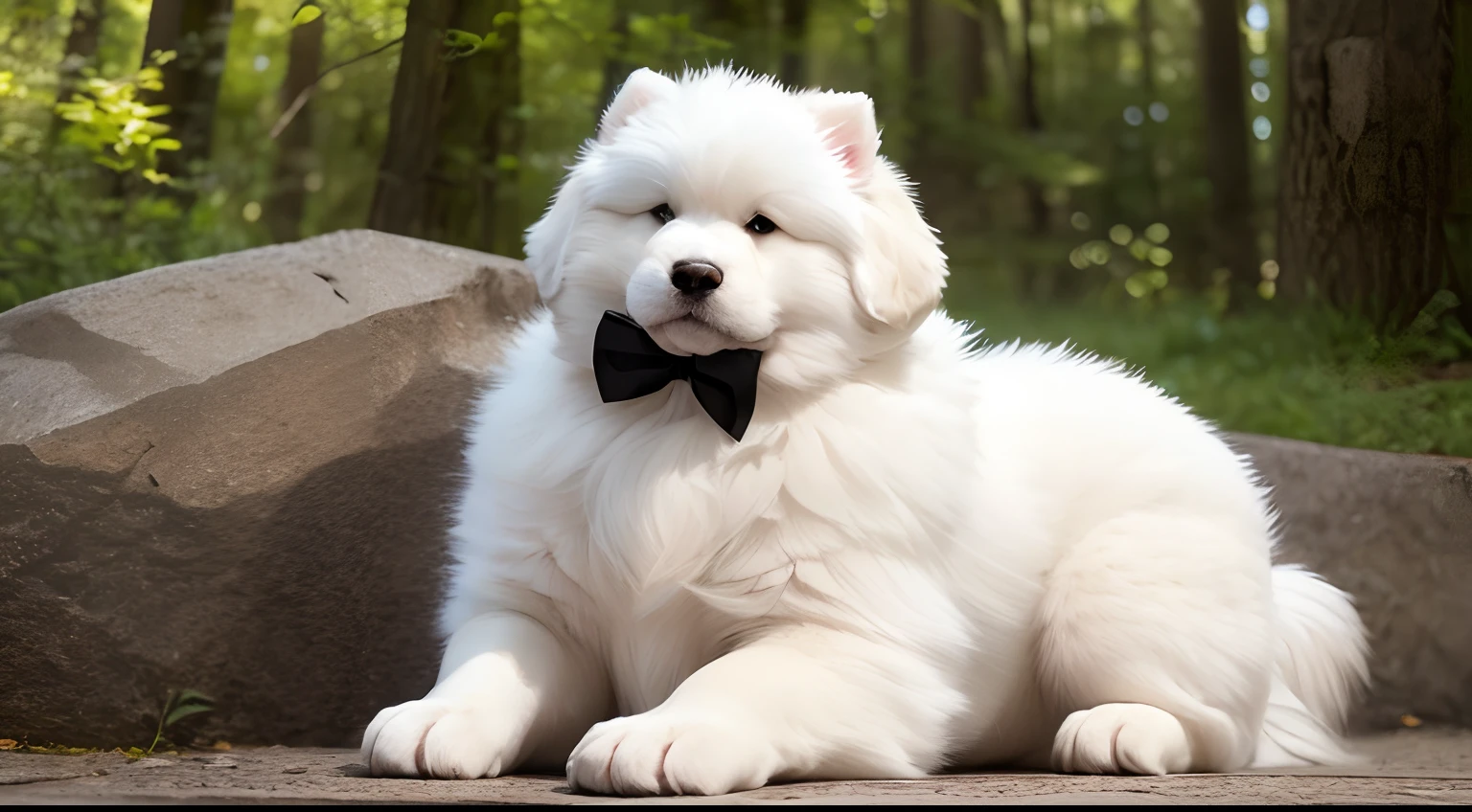 Great Pyrenees, large stature, fluffy white fur, black paws, small eyes, dark eyes, small ears, wears a collar in the style of a bow tie, dog, fat, big, large body