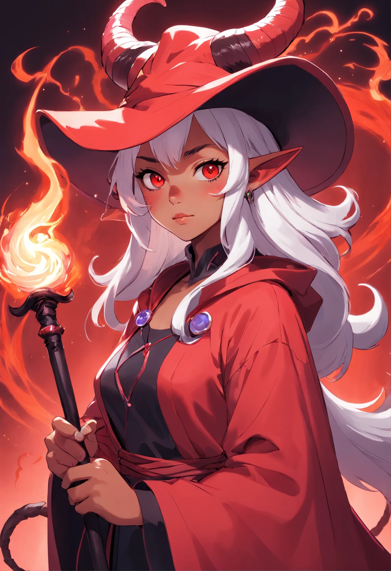 Detailed digital fantasy art, portrait of red skin young female tiefling, dnd, holding magic staff, solid black eyes, black ram twisted horns, white hair, pink wizard's coat, wide pole witch hat