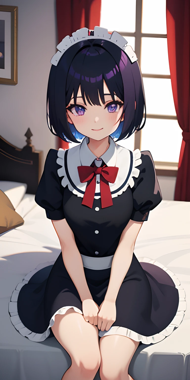 Two anime girls , Short black hair, Short red hair Purple eyes, Blue eyes Curved hairstyle, Cute maid outfit , Evening, bedroom, light smile , sitting on bed, hugging