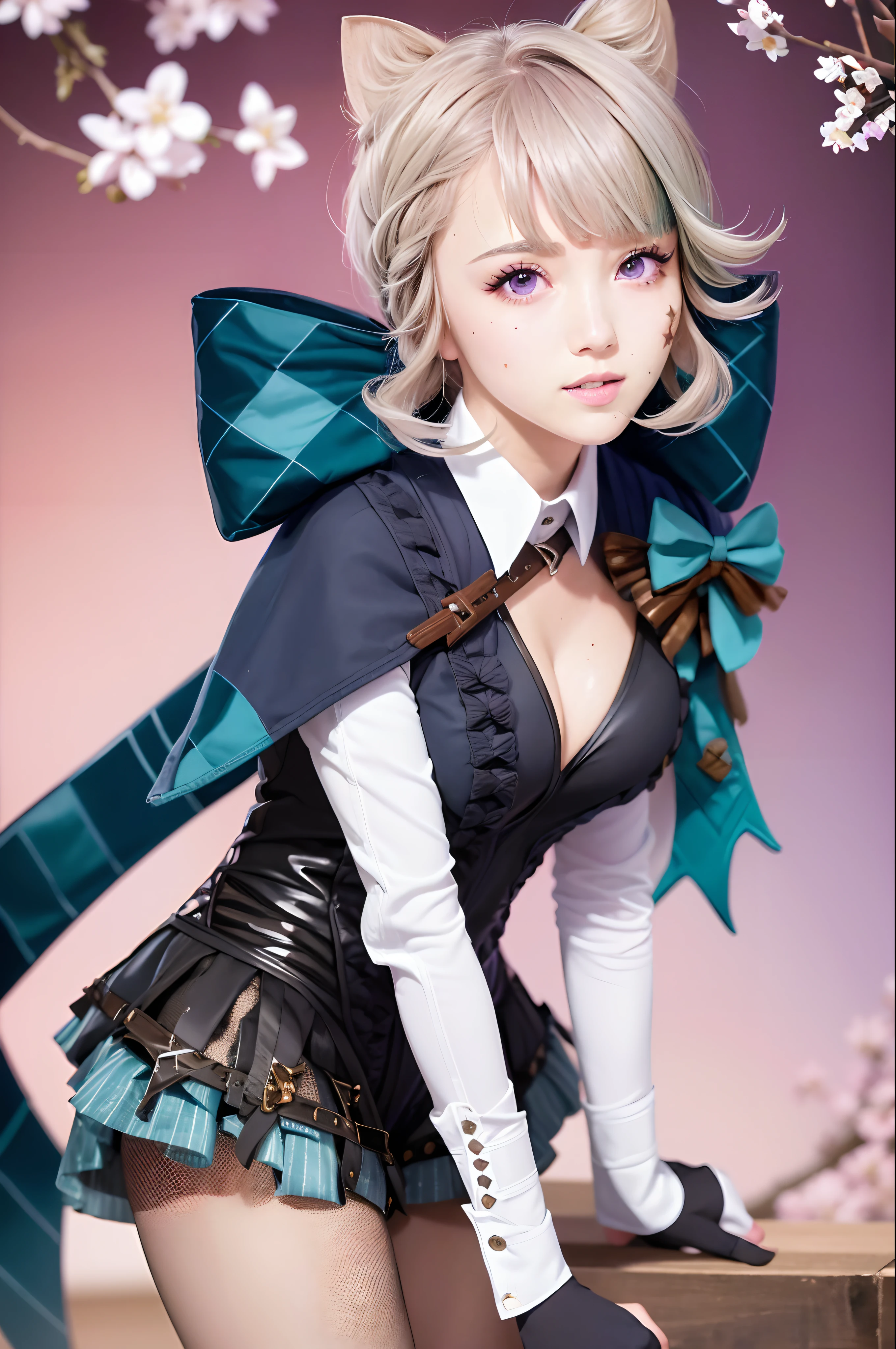 (masutepiece, Best Quality, Glowing light, Glistening, Shiny skin, ultra-detailliert, Detailed background, Complex background),(Perfect face, Detailed face, Detailed eyes,Perfect hands,Perfect fingers), (medium boobs:1.2,Smile),(maturefemale:1.4),Cowboy Shot,Chic,
Lynette,((Gradient Hair)), Gradient Eyes, (Glowing eyes:1.3), mascara, (fashion make up), Parted lips, Animal ears, Cat ears, animal ear fluff, Bow, Graceful furry tail, Cat tail, pantyhose, Long sleeves, Black Gloves, braid, Skirt, Black pantyhose,
((mountain ranges、waterside、cherry trees,Cherry blossom petals,Dark blue sky)),((hyper detailed background)), Dynamic Poses, ((8K Wallpaper)) ,