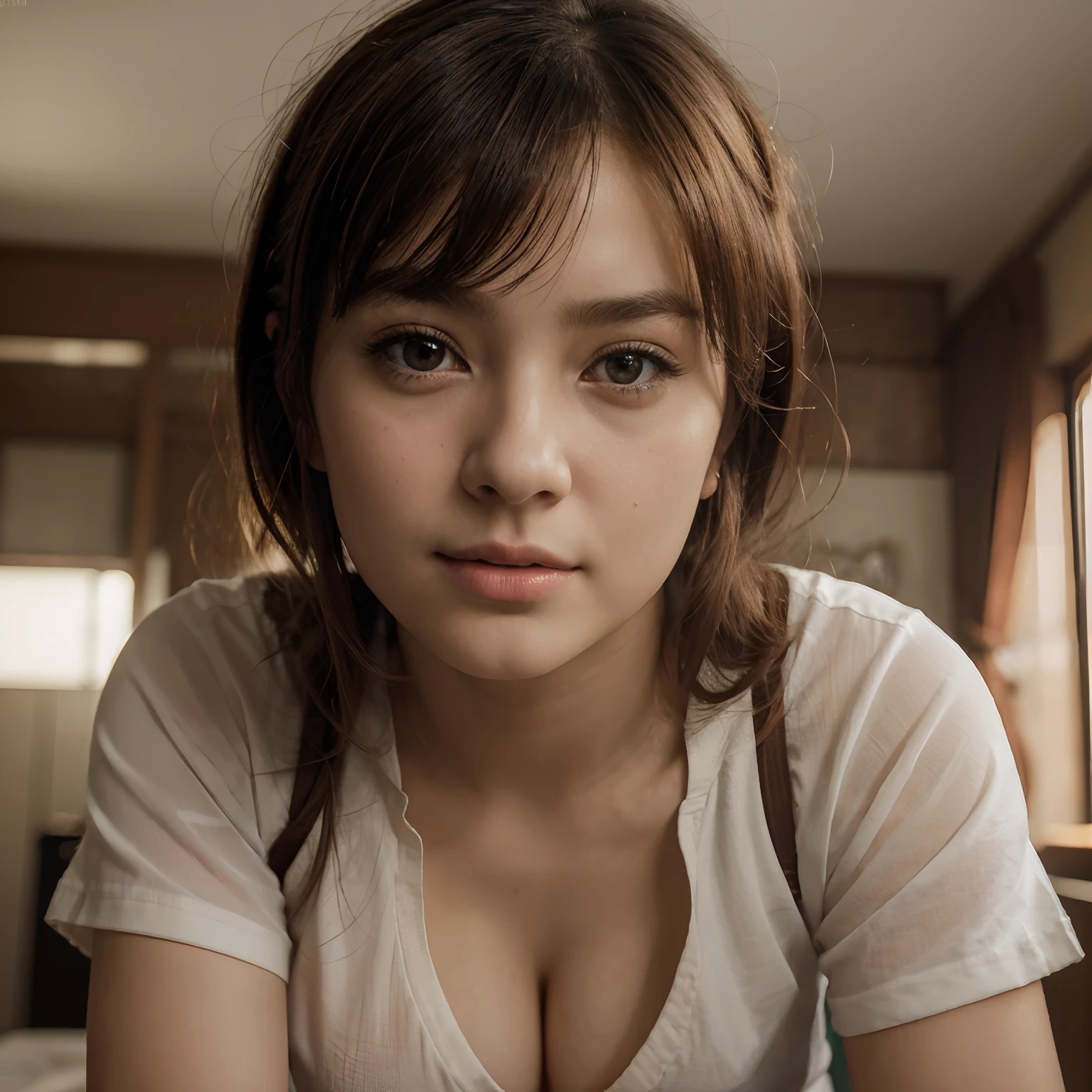 tmasterpiece，top-quality，offcial art，Highly detailed CG Unity 8K wallpapers，Like a girl，16yo gVery delicate beautiful，超A high resolution，（realisticlying：1.4），Golden Hour Lighting，（The upper part of the body），（Platinum Shorthair：0.8），（Puffy eyes），looking at viewert，facing front，ssmile，， closeup cleavage， tmasterpiece， best qualtiy， RAW photogr， realisticlying， faces， incredibly absurd res， Buatigarh， depth of fields， hight resolution， ultra - detailed， finedetail， Very detailed， extremely detailed eye and face， Sharp pupils， pupil realistic， tack sharp focus， cinmatic lighting,all-fours,You can see the valley,japanes,E-cup、Loose T-shirt、Not a dark face