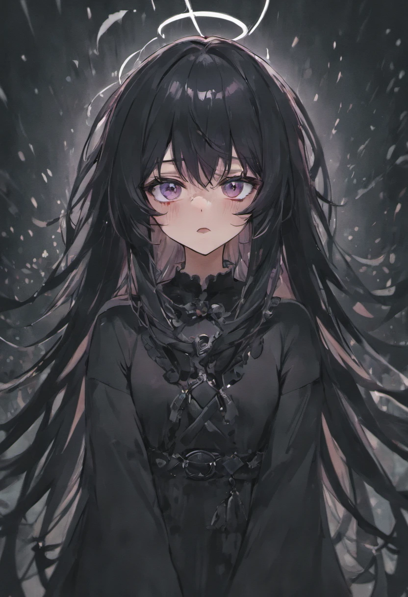 A goth anime girl with long black hair, has a blindfold on with ink mascara leaking from it. Pale white skin.