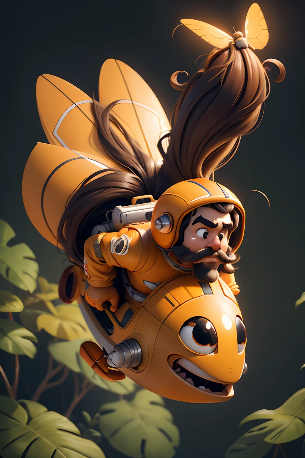 3D Disney Pixar cartoon about a guy, Long brown hair, thick mustache, Dressed in an orange and white spacesuit, Flying on a yellow futuristic low-flying vehicle over the grass in the jungle on an alien planet. a lot of details. Lots of insects. Blurred background in motion. Light haze