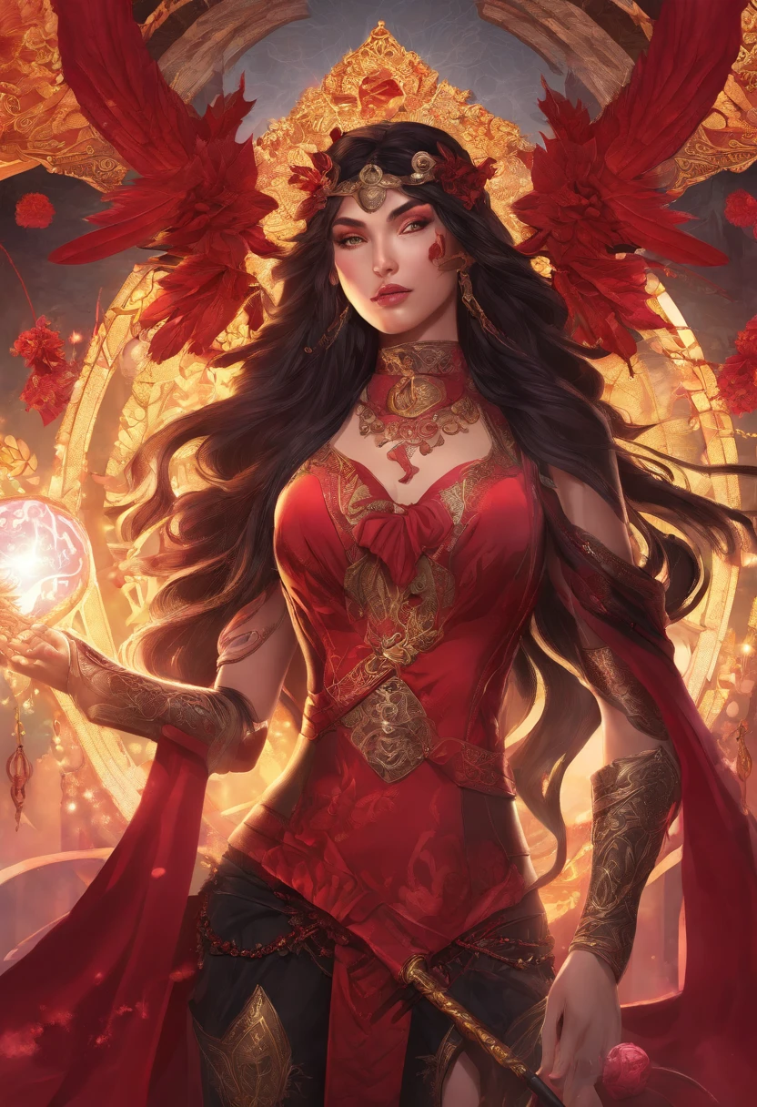(best quality,4k,8k,highres,masterpiece:1.2),ultra-detailed,(realistic,photorealistic,photo-realistic:1.37),detailed digital fantasy art,portrait of red skin young female tiefling,dnd,holding magic staff,solid black eyes,red skin,black ram twisted horns,white hair,pink wizard's coat,wide pole witch hat,fine texture details,elaborate facial features,golden embroidery,subtle shading,magical aura,enhanced contrast,fiery background,dramatic lighting,fantasy atmosphere,dynamic pose,captivating expression,sharp focus,rich colors,beautifully rendered,riveting composition,majestic presence,exquisite craftsmanship,impressive attention to detail,mesmerizing gaze,otherworldly charm,compelling storytelling,magic-infused environment,immersive fantasy world,skillful brushwork
