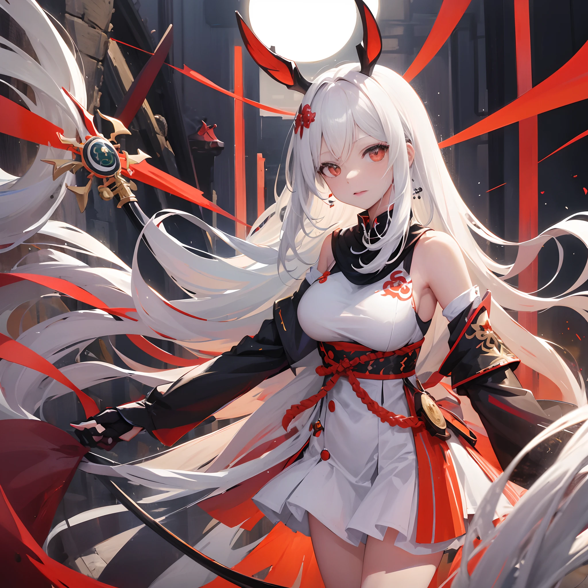 An image of demon with white hair and red eyes holding swords by an orange sun, arma, espada, Chifres, 1girl, Roupas japonesas, Katana, quimono, sozinho, olhos vermelhos, segurando espada, jewelries, propriedade, Brincos, cabelos longos, Olhando para o Viewer, bainha, eles, rabo-de-cavalo, tatuagem, cabelos brancos, chifres vermelhos