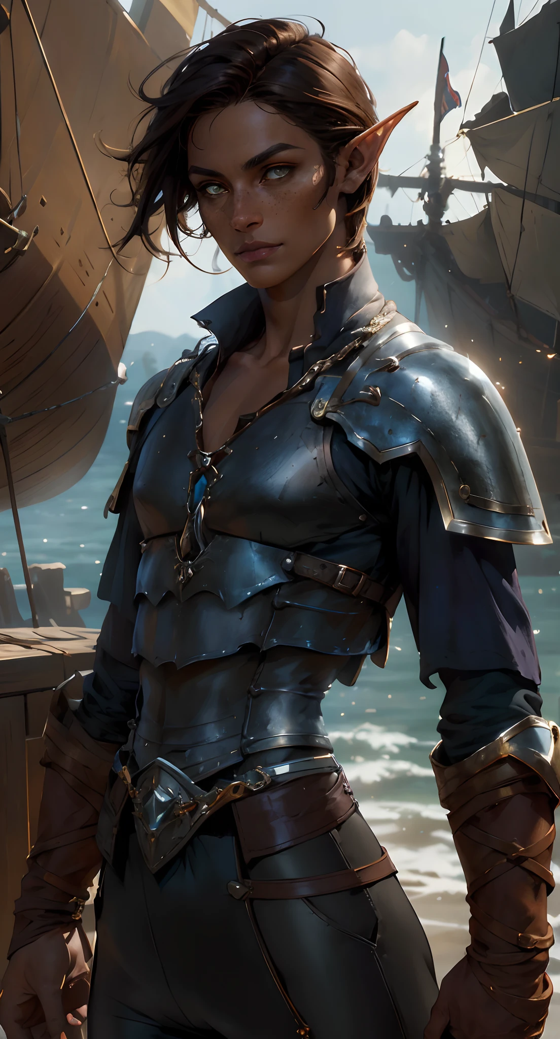 fentezi, pirates, Ship, The sea, Tanned elf with freckles, amber eyes, Short tousled dark hair, little chest, A scar on the cheekbone, plain white shirt, black leather pants, high boots, Around her neck is a golden stone, Behind her is a large greatsword, dark fantasy mixed with realism, Photos in RAW and 35mm format, Rich, Deep Colours, (intricate details:0.9), (HDR, hyper-detailing:1.2), (natural skin textures, hyper realisitc, soft light, Sharp),