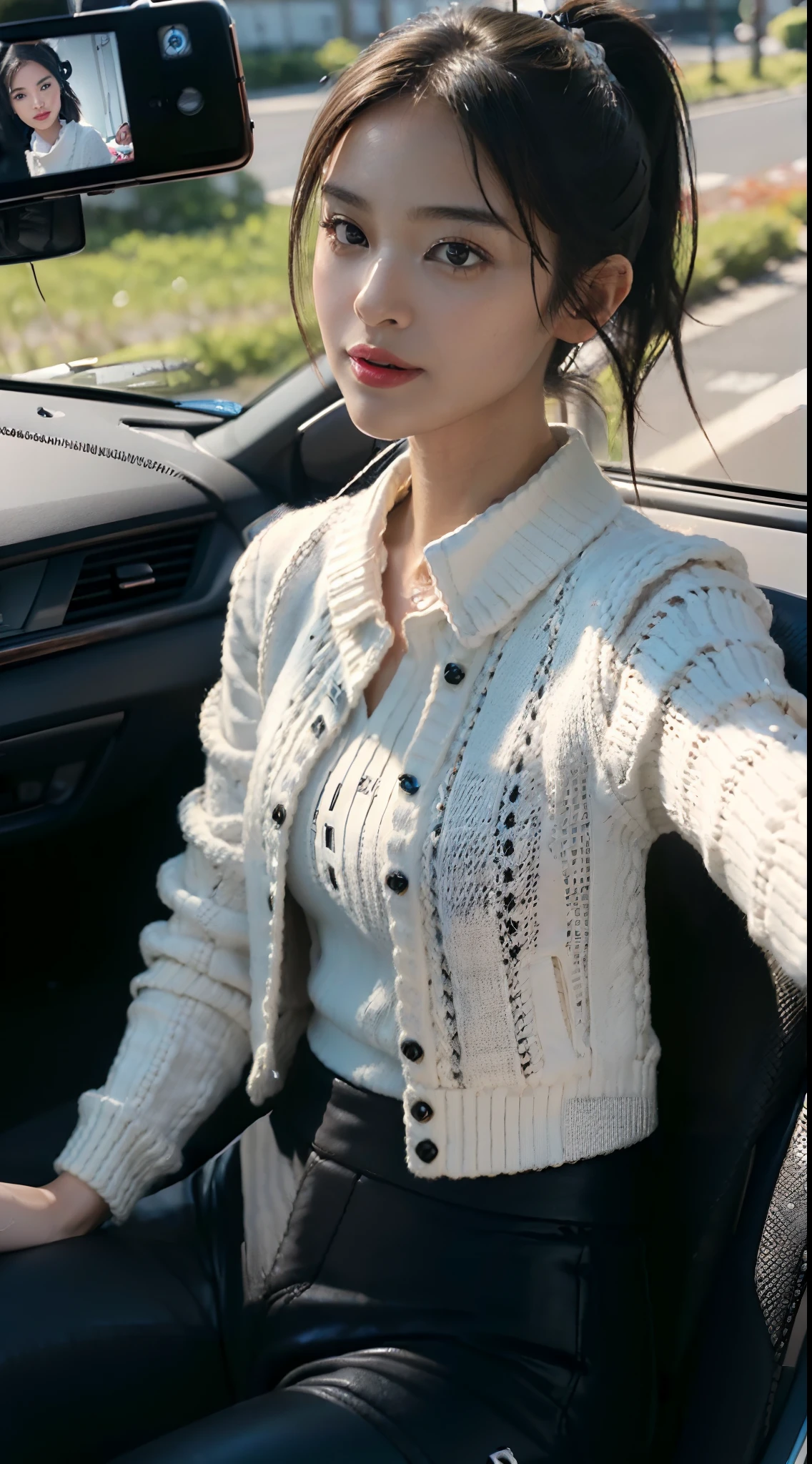 ((Small underboob)), (shoulder length straight short hair:1.1),Upper body, （Extremely meticulous CG 8k wallpaper），（Extremely refined and beautiful），（Masterpiece），（best qualtiy：1.0），（Ultra High Resolution：1.0），beautiful light up，Perfect lightning，realistic shaded，[A high resolution],(Smooth and flawless fair skin:1.5),(shiny skin:1.5),Extremely exquisite facial details,(perfect body：1.1），ultra - detailed，A beautiful girl,small head,(short ponytail:1.3)(Small breasts:1.1)，Flat chests，slim，thin，Smile，cheerfulness,(light black Chanel-inspired knit jacket:1.5),(white collared shirt:1.5),(black pants:1.5),autumn，Morning,in a spacious private car,A female driver,sitting in seat,(Honda Steering wheel:1.3),intently driving car,close Shot,(selfie:1.5),