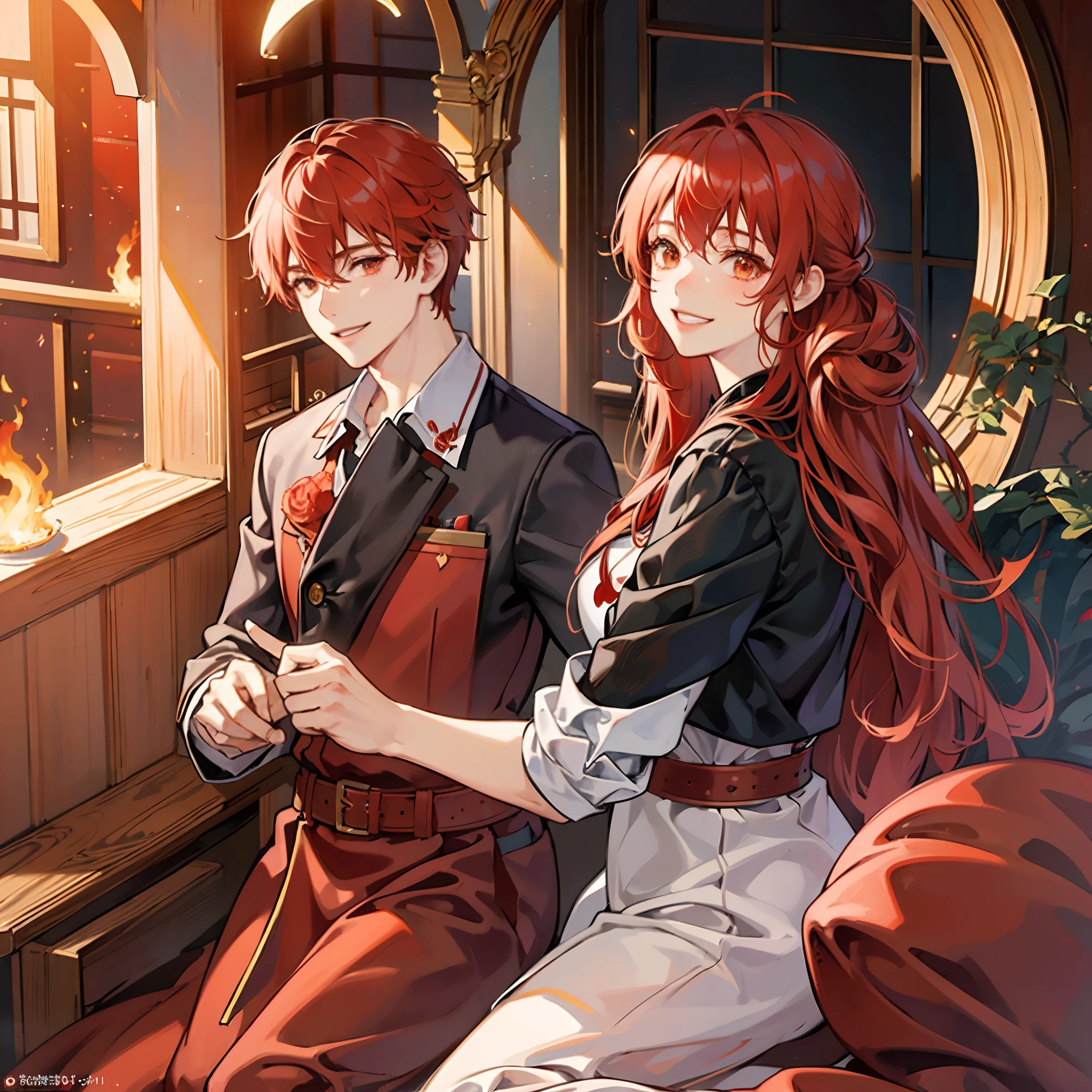 Hot system,Detailed red,Detailed flame,Bonds with peers,Kizuna element,Two men and women depicted in detail,Detailed smile,Smiling smile,Emotional element,Detailed red hair,
