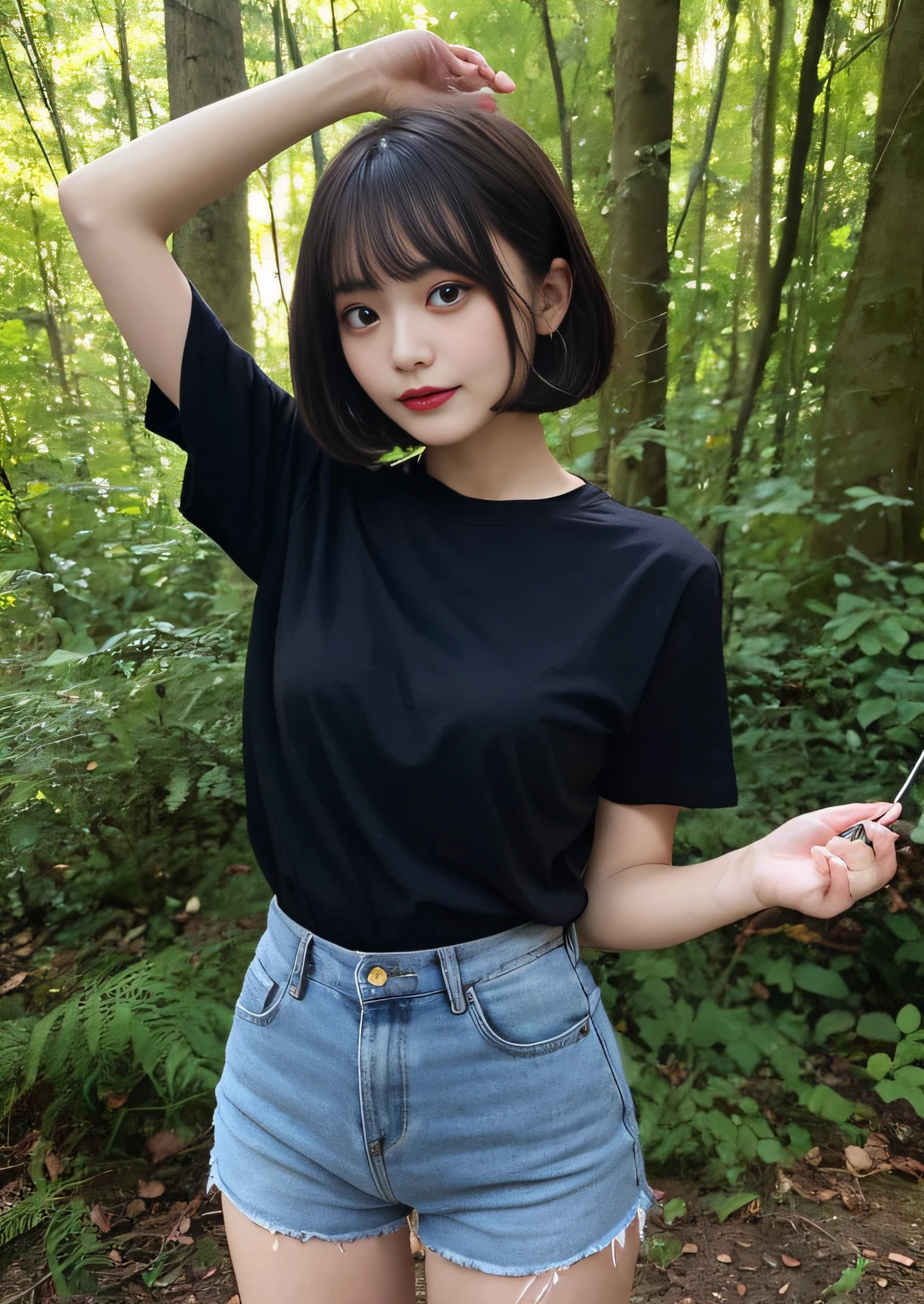 finely detail, hight resolution, hightquality、Perfect dynamic composition, Beautiful detailed eyes, Bob Layer Cut、In the deep forest、Trees are visible、From below、long legged、Natural Color Lip, 28-year-old woman with a whip、1 persons、Transparent skin、Glowing hair、holding something、Fashionable clothes、Shibuya、、28 year old、Black T-shirt with long sleeves、shortpants、Touching the tree、Shake your head、Laugh