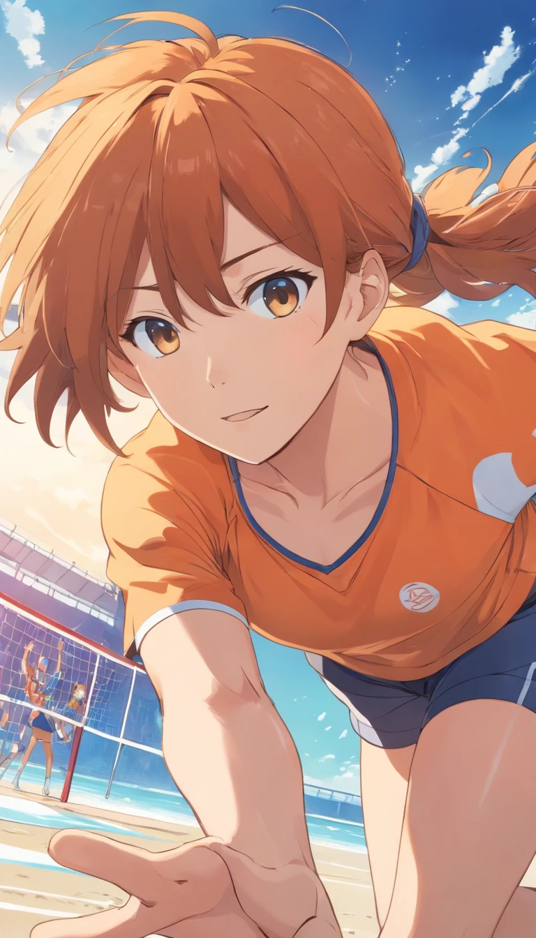 a close up of a cartoon character reaching for a volleyball ball, kentaro miura manga art style, manga style of kentaro miura, shounen jump, official art, orange - haired anime boy, inspired by Yumihiko Amano, by tite kubo, from yowamushi pedal, hinata, haikyuu