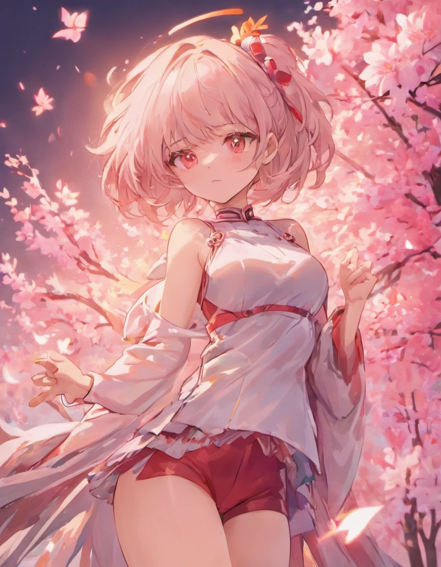 Super realistic,white  hair,Big beautiful red eyes,extra detailed face,8k ultra,full bodyesbian,Bust,Canine ears,deepshadow,Red Mesh,　Style:　Beautiful hill with cherry blossoms,Reference brand TEME 2023. Colors of Moya Seoul 2023: brack, aquamarine, More about Vermillion: The top is smart，Casual culottes with loose straps