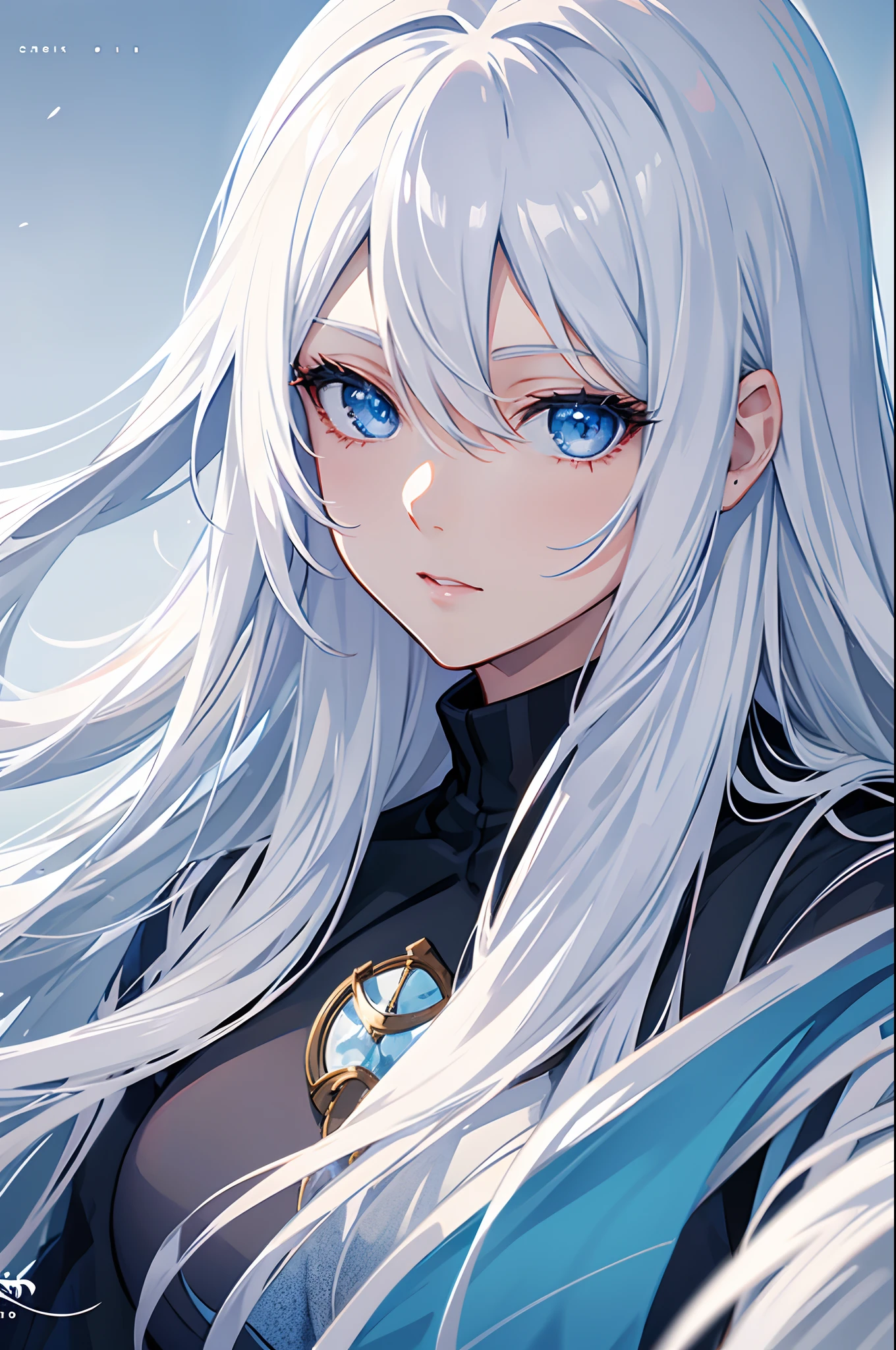 Cover magazine, anime, woman, solo, long hair, white hair, blue eyes, model, beautiful, half body potrait, fantasy, ice