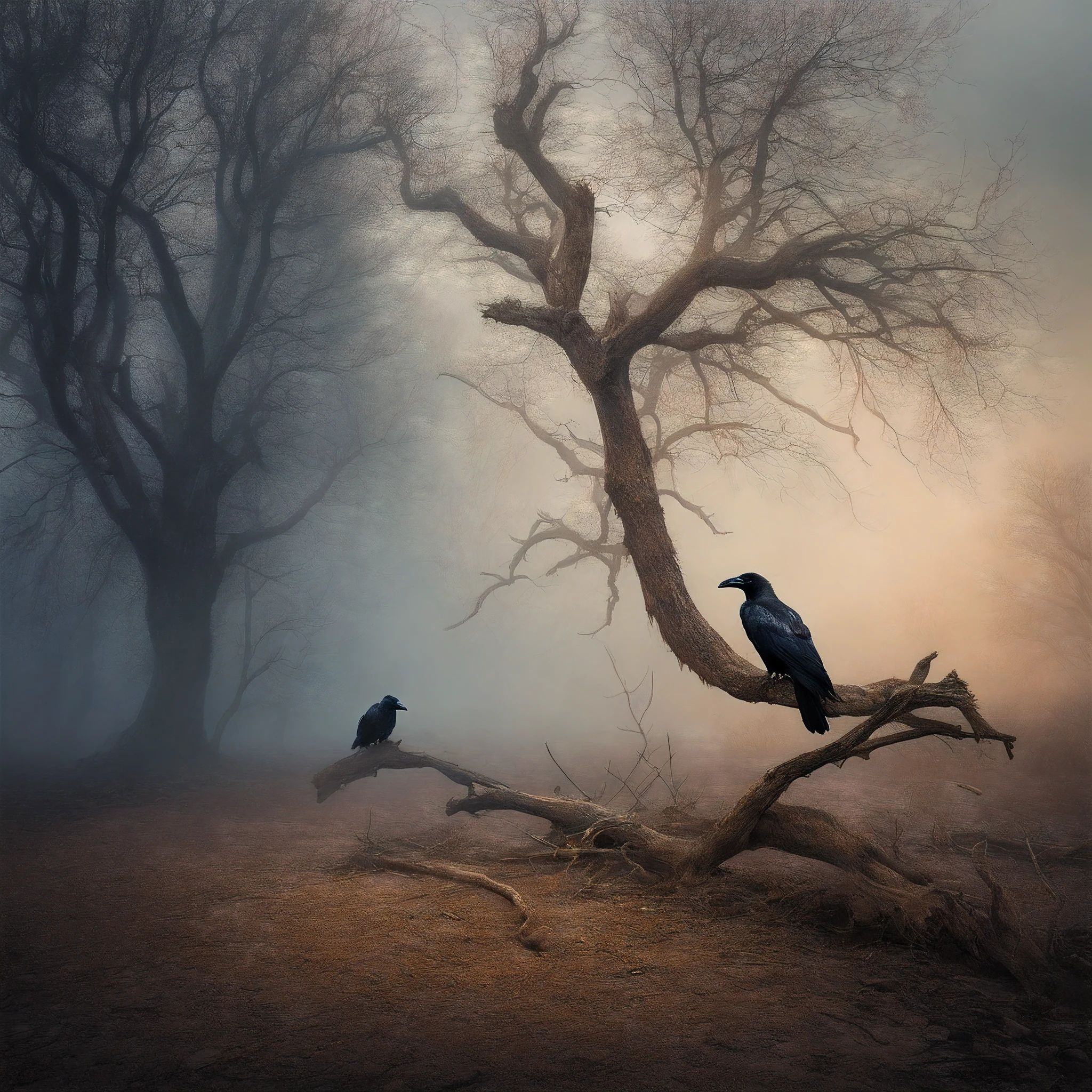 Two crows on a dead tree, A shadow shaped like a walker, Starry night, Thick fog on the ground, Blue light on the horizon, Unreal Engine 5, Cinematic, low angle photography, Motion blur, Depth of field, Dust, Cobblestones and dirt. Splash Art, dripping paint. Perfect color grading. Influenced by Karel Appel and Jeremy Mann, Full of dramatic and threatening scenes, Hyper-detailed, Beautiful, insanely details, Intricate details, editorial photography, shot with a 50mm lens, Depth of field, Tilt Blur, Shutter speed 1/1000, f/22. Lightmaps, Super bright