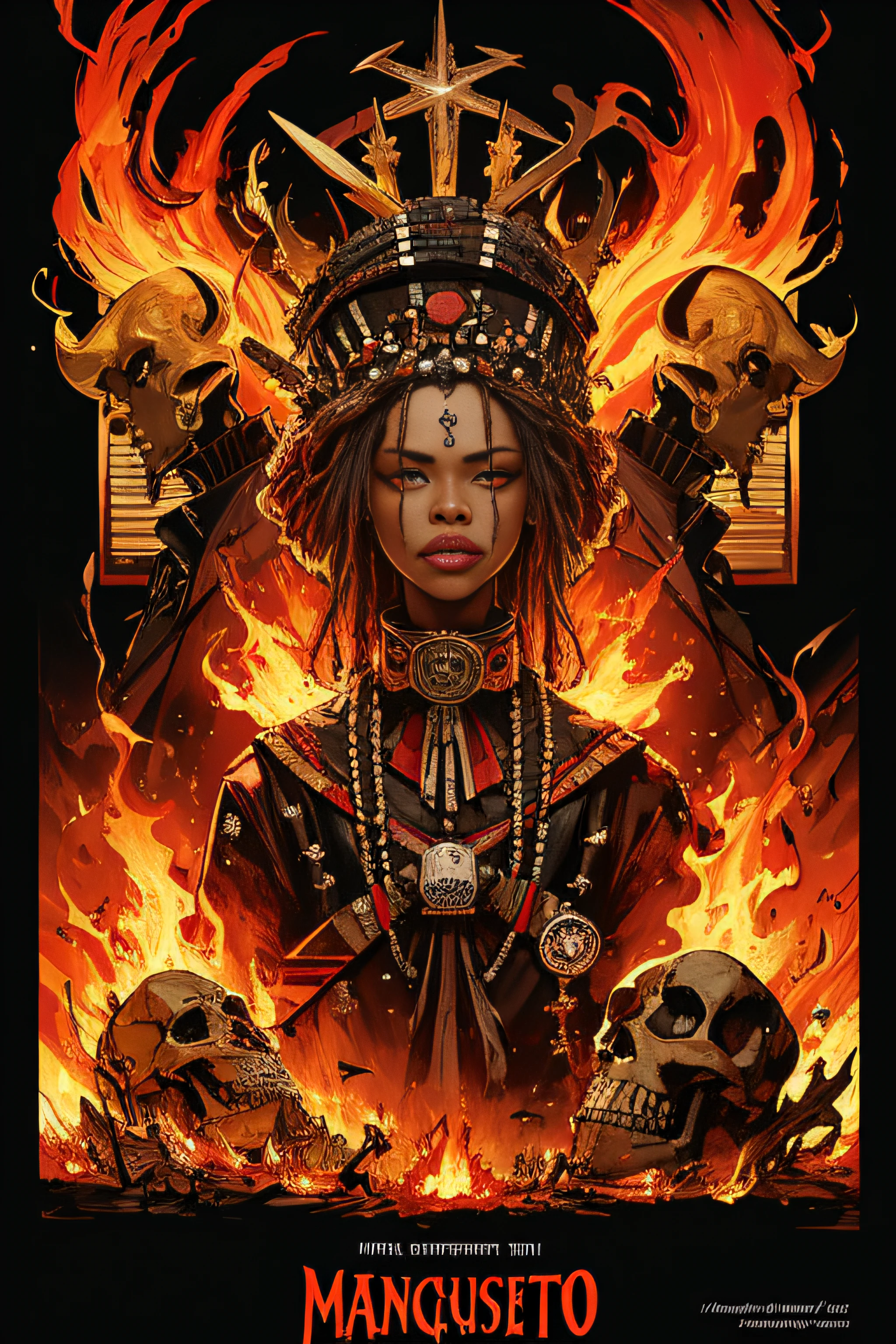 (Masterpiece, Best Quality), 8k Wallpaper, highly detailed, poster, Voodoo priest 1970s, exploitation, fire, skulls, bones, sexy, erotic, horror thriller cinematic movie poster, Bauhaus, shapes, lines, abstract, propaganda, movie poster, vintage, double exposure.