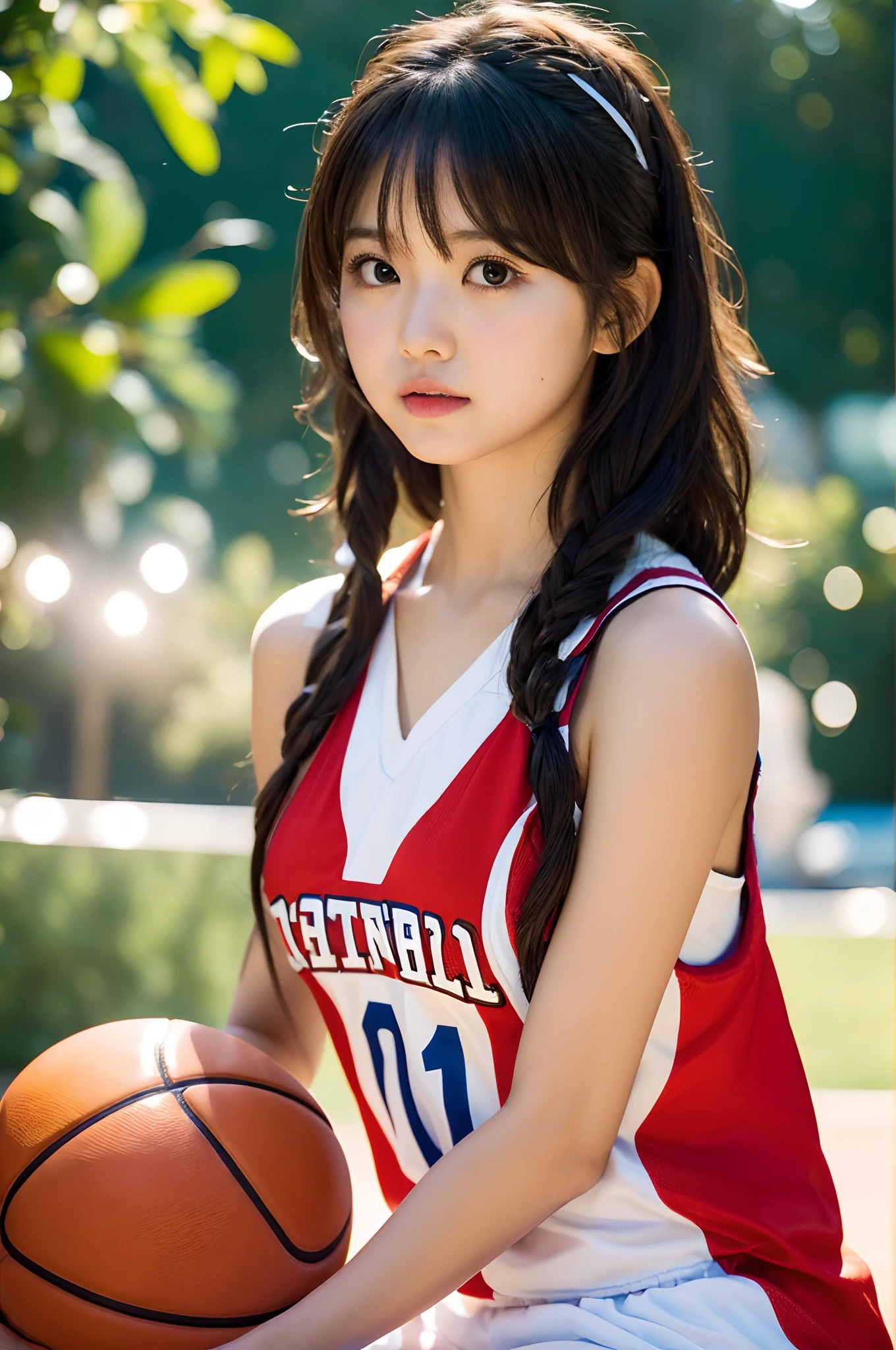 Solo shot of Morning Musume Eri Kamei dressed as a basketball player, Cute, Realistic realism, Ulutra HD, crisp detail, Vivid colors, Dynamic Range, Soft bokeh in the background that emphasizes her presence on the court, Fine texture of basketball and her costume, Pin-sharp focus on her face and balls, photography hyperrealism, Highly detailed, high-definition16k, Canon EOS 5D Mark IV DSLR Camera, EF 85mm f/1.8 STM lens, Resolution 30.4 megapixels, ISO sensit: 100, Shutter Speed 1/125 sec, Dynamic front light that captures her essence, Vibrant colors, Facing Camera, High Sharpness, depth of fields, ultra-detailed photography --ar 16:9 - V5.1 --Style raw --Q 2 --S 750.