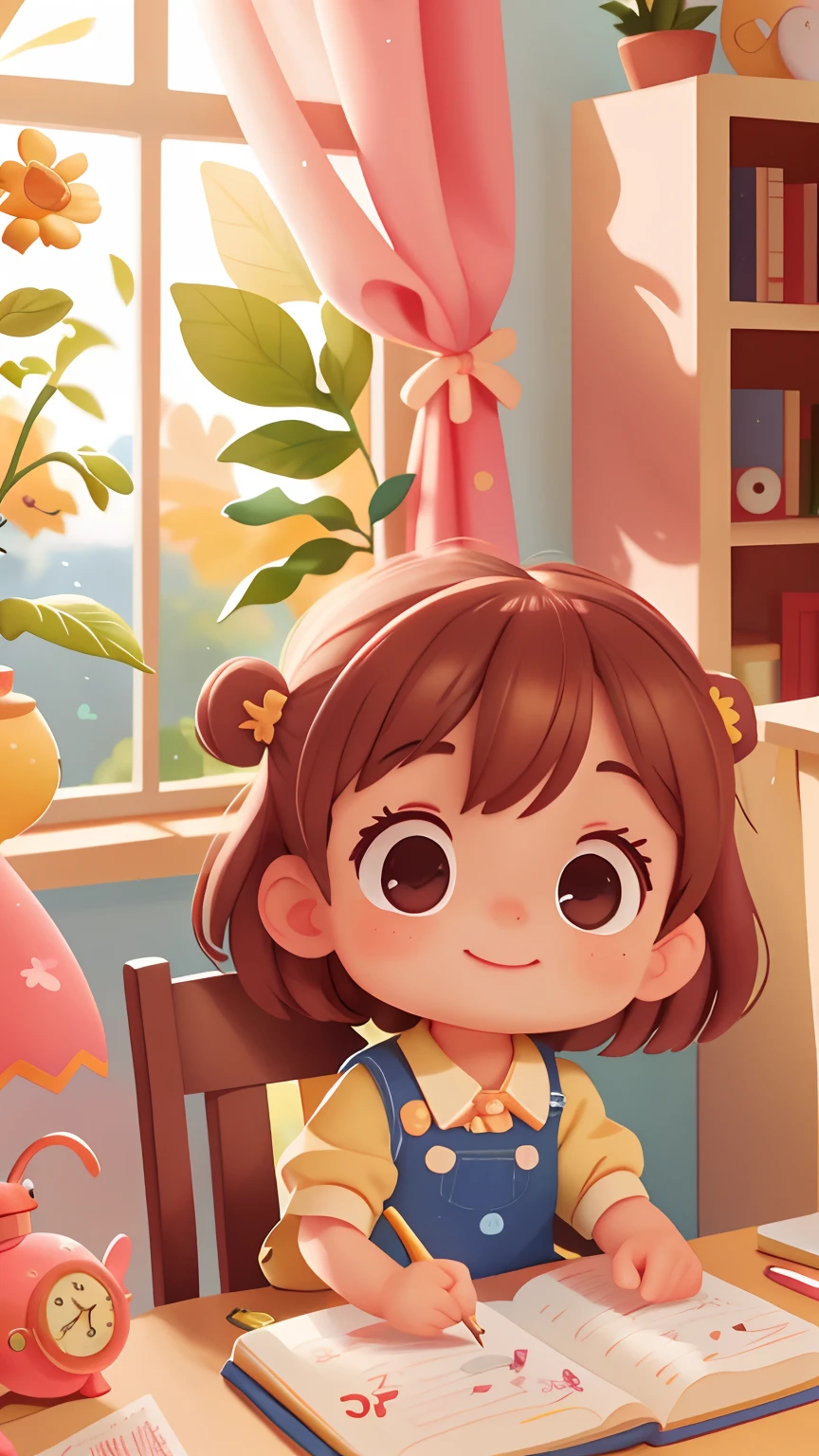 Study room,Cute little girl sitting at desk writing，um dia ensolarado, happy laughing，(tmasterpiece: 1.2) (realisticlying: 1.2) (Bokeh) (best qualityer) (Detailed skins: 1.3) (8K) (eye detailed) (foco nítido), (cheerfulness),。.3D,