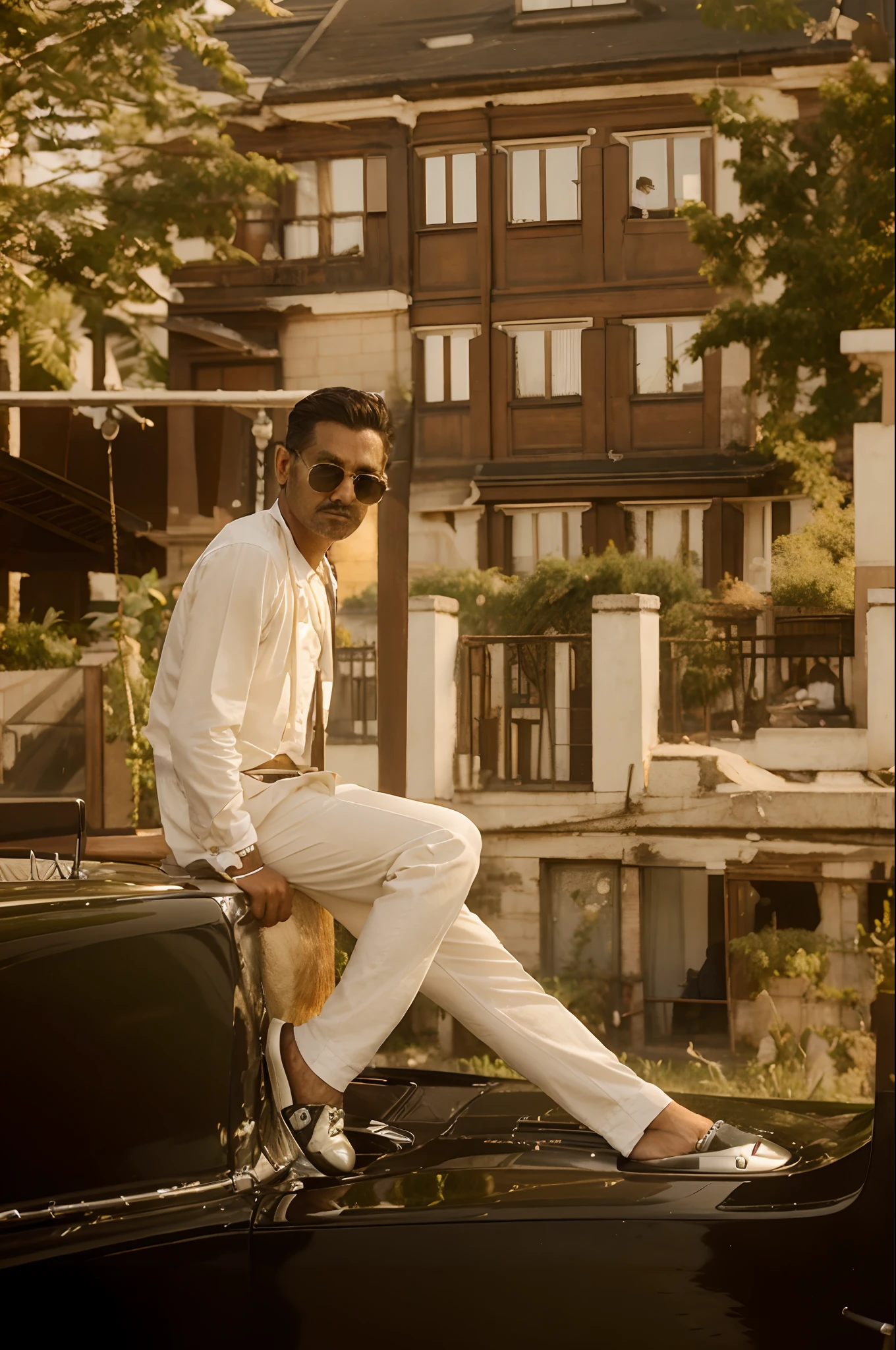 The man sitting on rolls Royce car and real face no change the face and change the background like gangstar