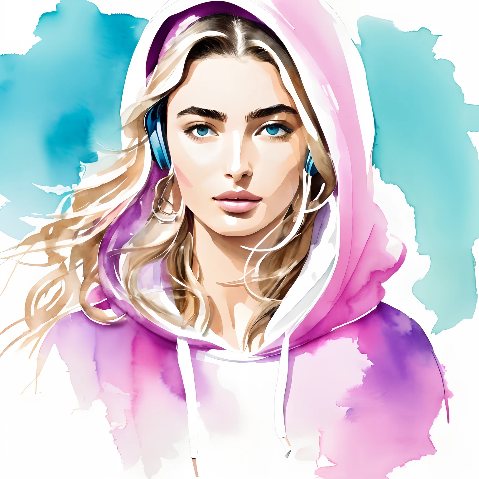 David Downton fashion illustration, gentle colors watercolor, blonde woman, thin hair, cute face, Andreea Diaconu, headphones, hoodie, drawing, luxury, calm, lilac, light blue, gentle pink