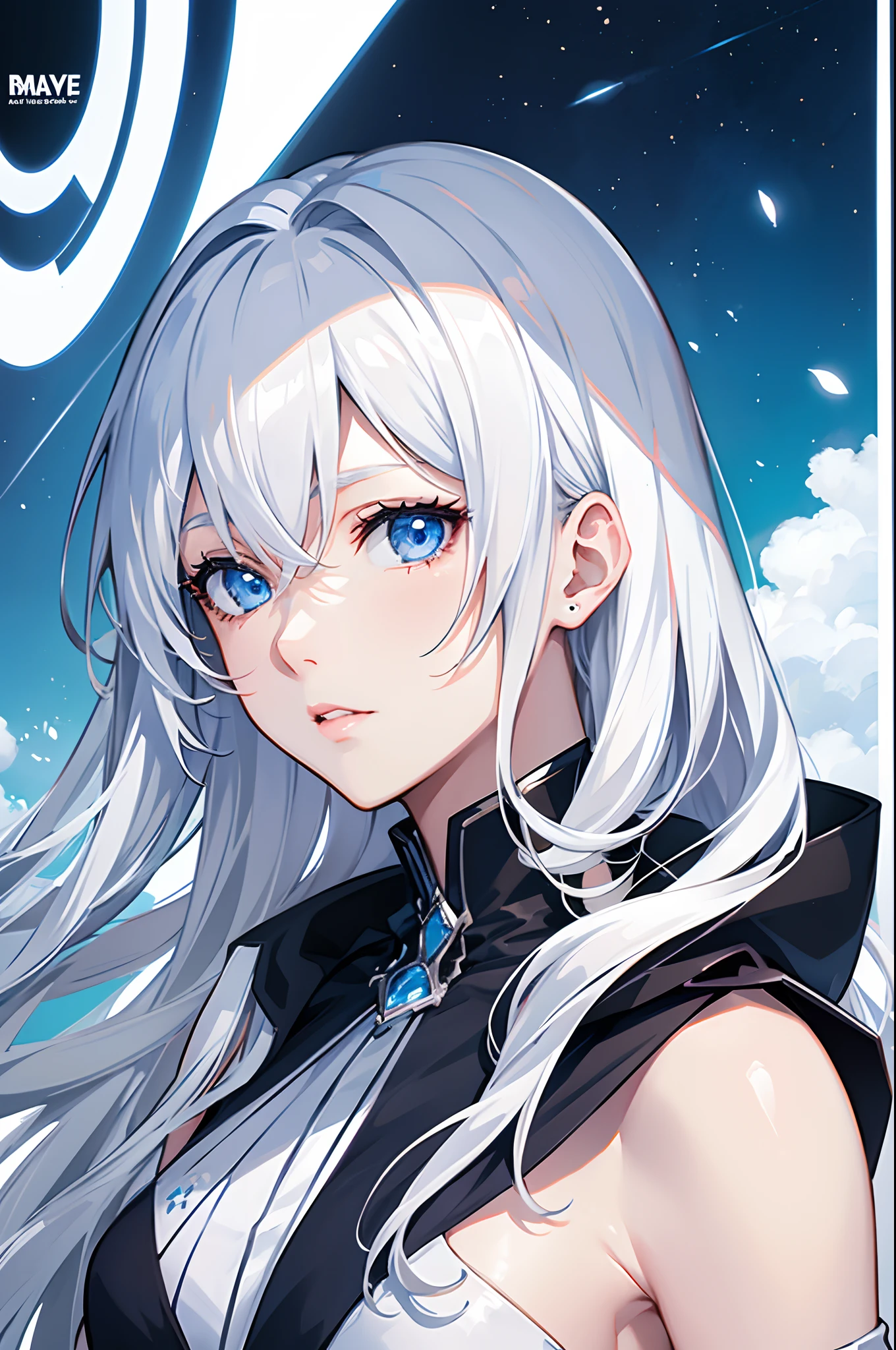 Cover magazine, anime, woman, solo, long hair, white hair, blue eyes, model, beautiful, half body potrait, fantasy, ice
