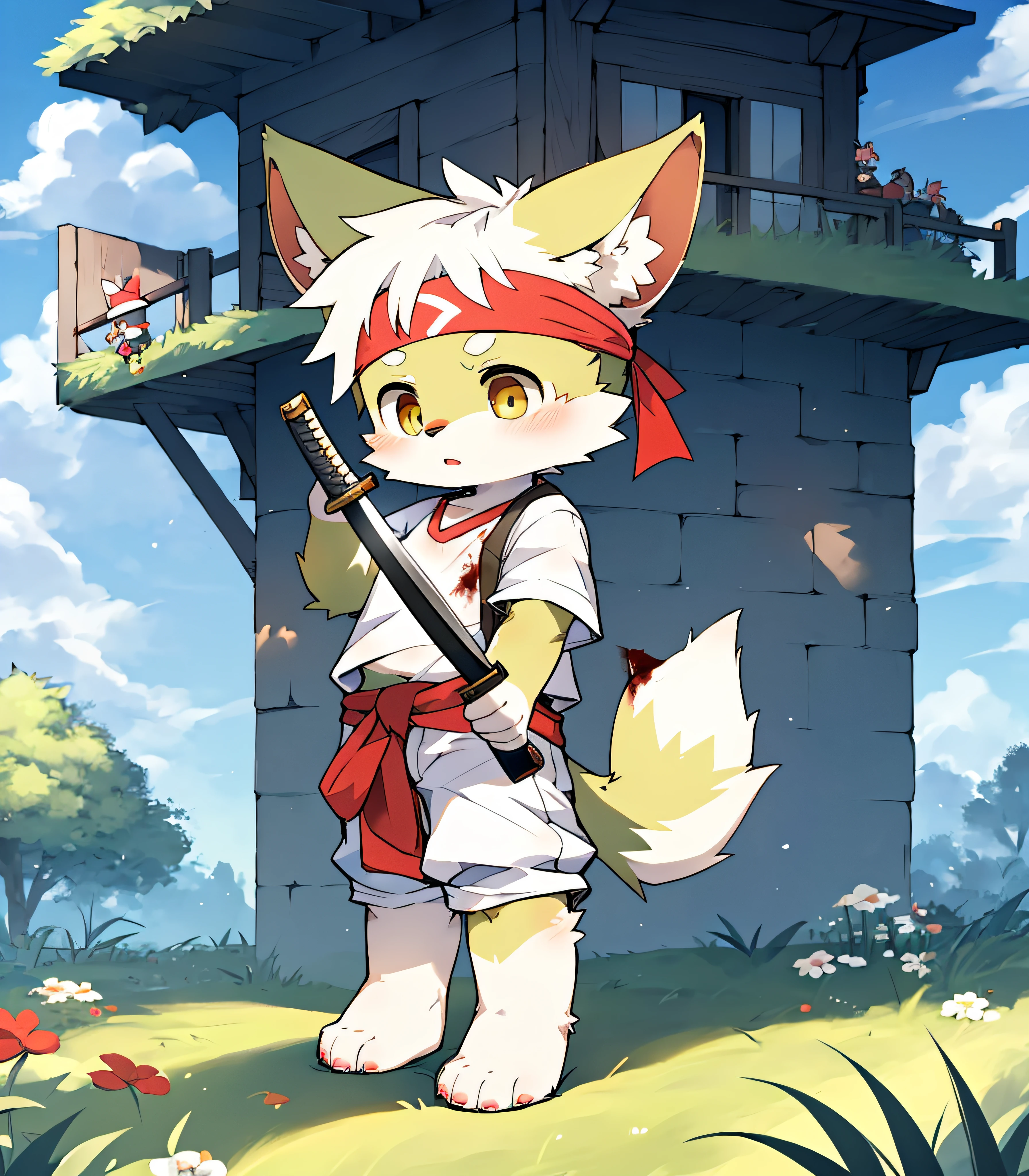 Species Wolf,Little Wolf,Wolf boy,Colored fur,Colored fur,Colored skin,Beast too,Orc ,grassy fields,lawns,standing on your feet,Attention,blue-sky,shaggy,shaggy,Colored fur,Colored fur,Dark yellow fur,Dark yellow fur,male people,canid,adolable,adolable,adolable,solo person,Colorful fur,Golden eyes,Thick eyebrows,Fluffy tail,white short sleeve,short white pants,ultra - detailed:1.0,Libido boy,toddlers,toddlers,toddlers,Children,children's,Gamine,Beast too,Beast too,Beast too,adolable,adolable,younge boy(Via Dagasi:1.1),anatomy correct,Barefoot paws,Barefoot paws,standing on your feet,Attention,bald-headed,bald-headed,balding,balding,Colored paws,Stand on the lawn,standing in grassy field,Stand on the lawn,red waistband,Red headband,Blood,A child with a katana in his hand,A child with a serious expression,Colored fur