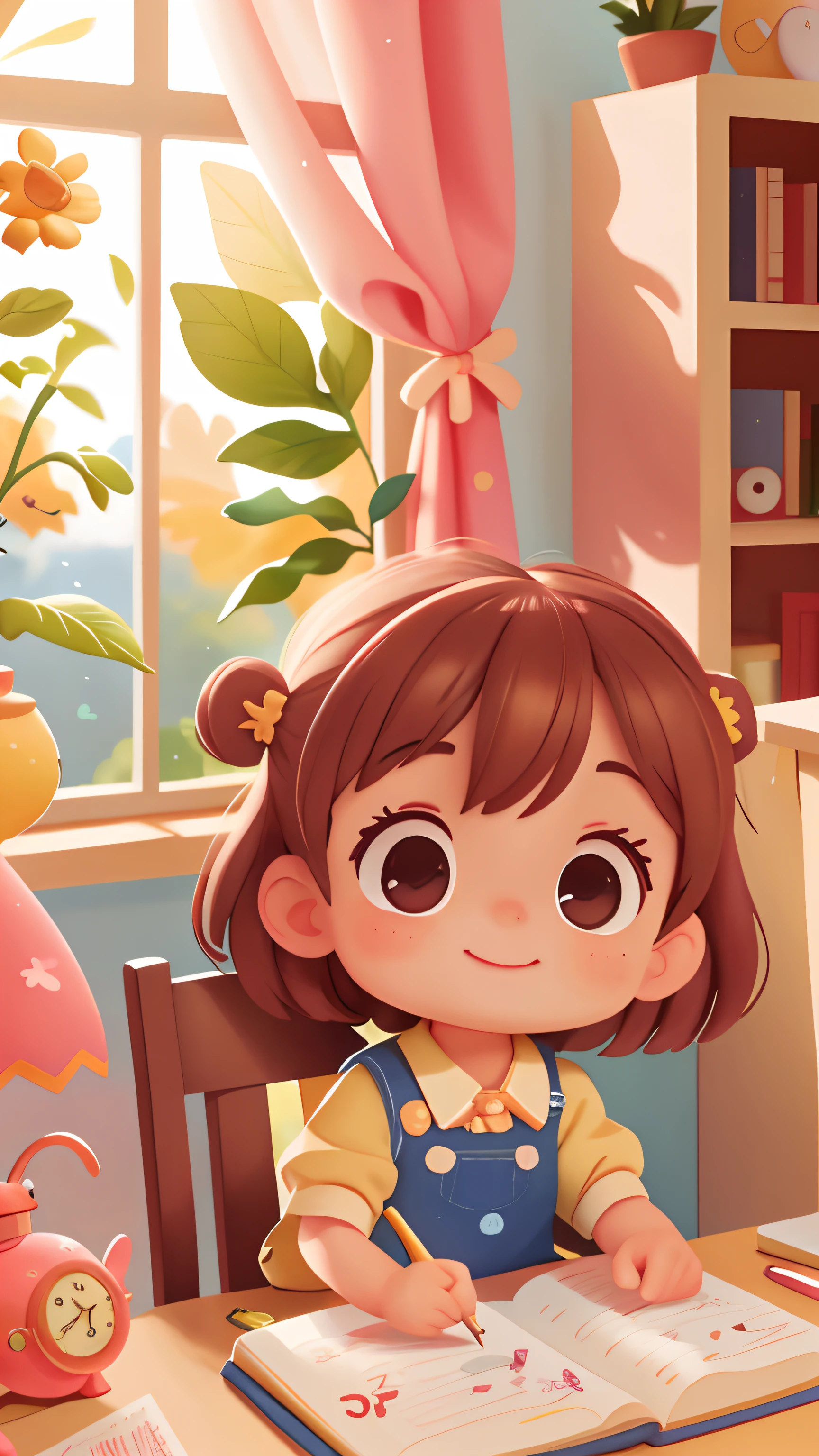 Study room, girl sitting at desk writing,um dia ensolarado, happy laughing,(tmasterpiece: 1.2) (realisticlying: 1.2) (Bokeh) (best qualityer) (Detailed skins: 1.3) (8K) (eye detailed) (foco nítido), (cheerfulness),。.3D,