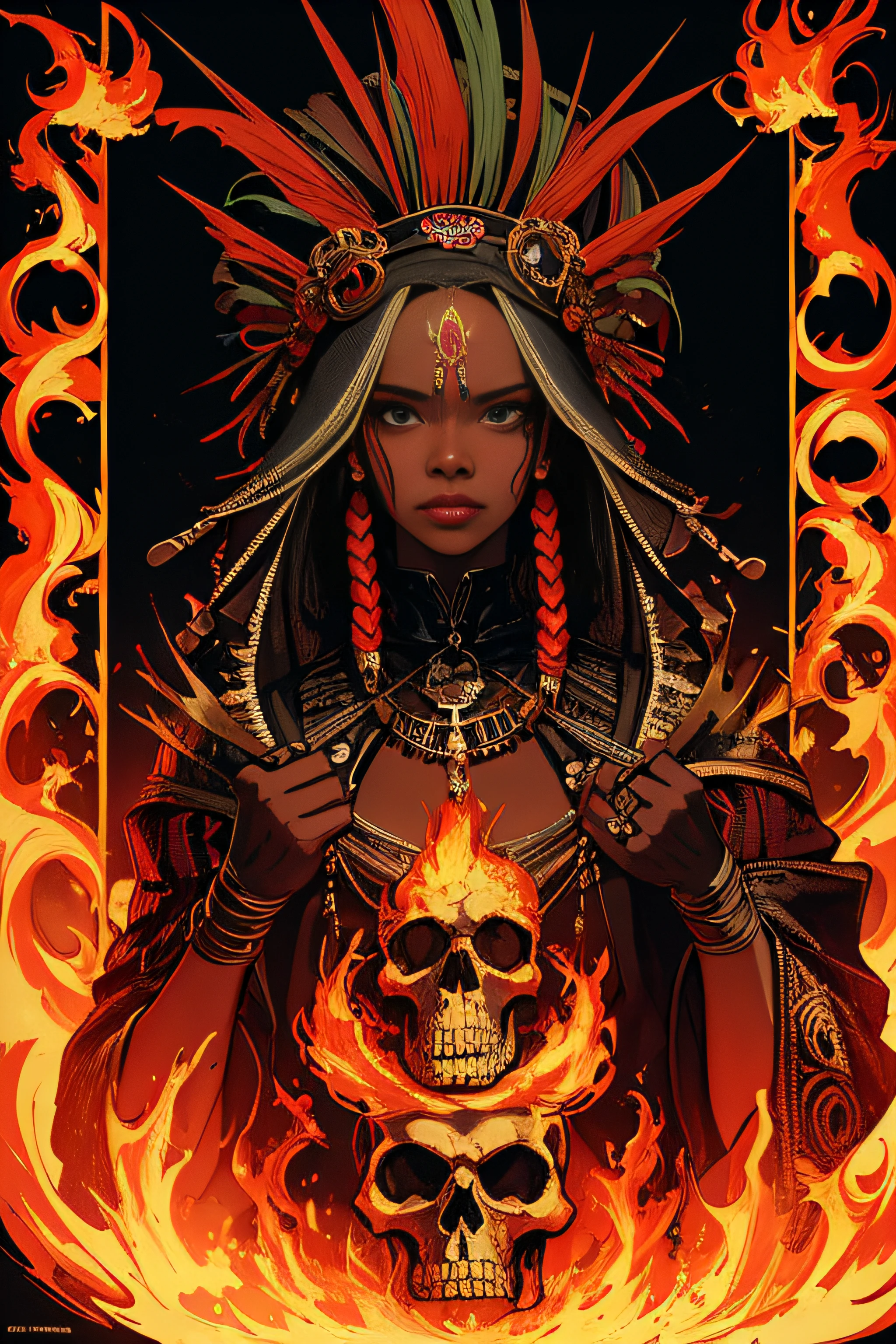 (Masterpiece, Best Quality), 8k Wallpaper, highly detailed, poster, Voodoo priest 1970s, exploitation, fire, skulls, bones, sexy, erotic, horror thriller cinematic movie poster, Bauhaus, shapes, lines, abstract, propaganda, movie poster, vintage, double exposure.