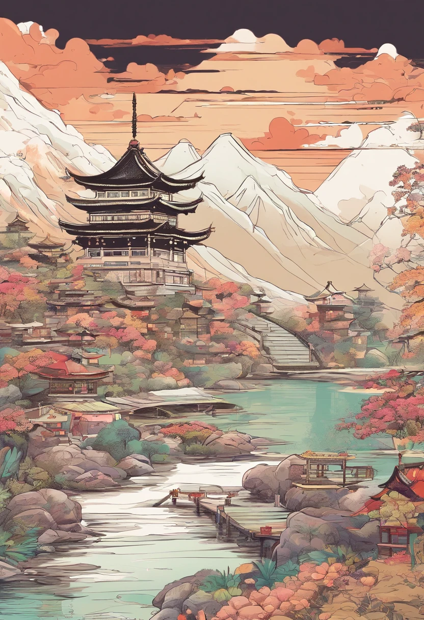 ukiyo-style，Lots of waves，1 brown radium bowl，（With pattern），1 tea tree，In a radium bowl，1 tea stick，3 women，Sift the tea leaves，Cut vegetables，Cooking，1 bowl，（Bottom），Tea，crane，smog，Tree dots，3 mountains，1 plaque，2 houses，China-style，aquarelle，Line，impressionistic