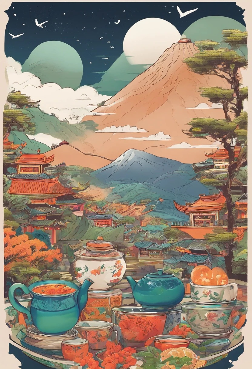 ukiyo-style，Lots of waves，1 brown radium bowl，（With pattern），1 tea tree，In a radium bowl，1 tea stick，3 women，Sift the tea leaves，Cut vegetables，Cooking，1 bowl，（Bottom），Tea，crane，smog，Tree dots，3 mountains，1 plaque，2 houses，China-style，aquarelle，Line，impressionistic